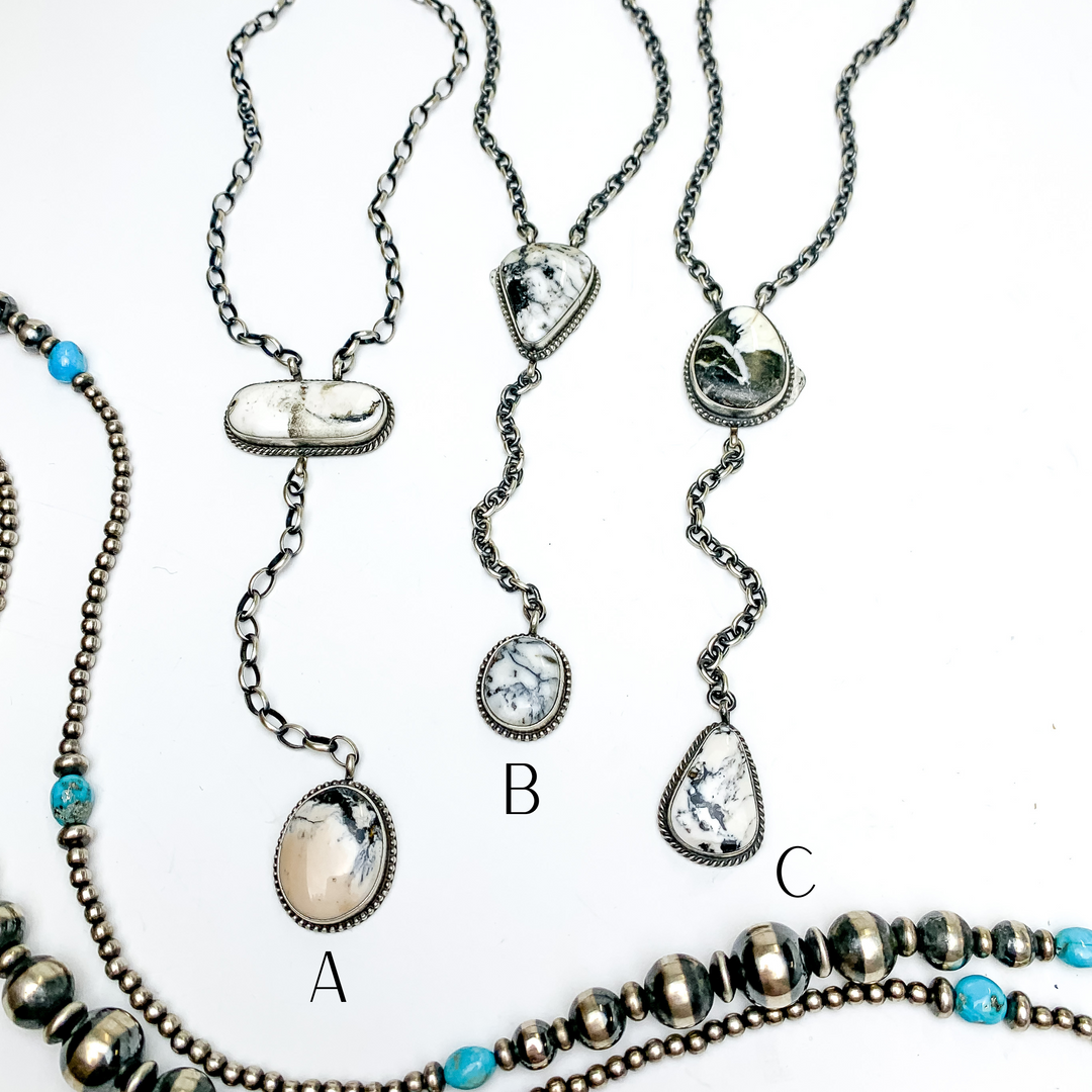 Tim Smith | Navajo Handmade Sterling Silver Lariat Necklace with White Buffalo Stones - Giddy Up Glamour Boutique