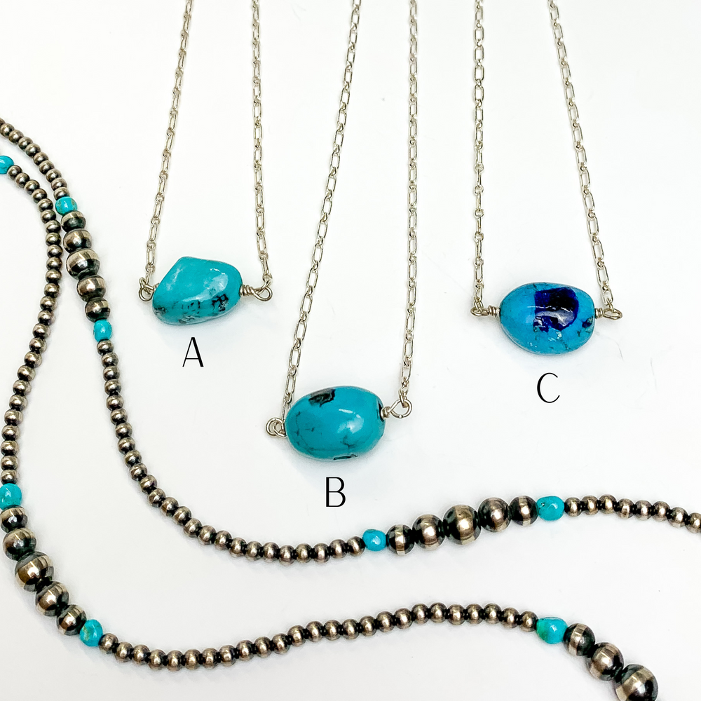 Navajo | Navajo Handmade Small Turquoise Chunk Stone on Silver Chain Necklace - Giddy Up Glamour Boutique