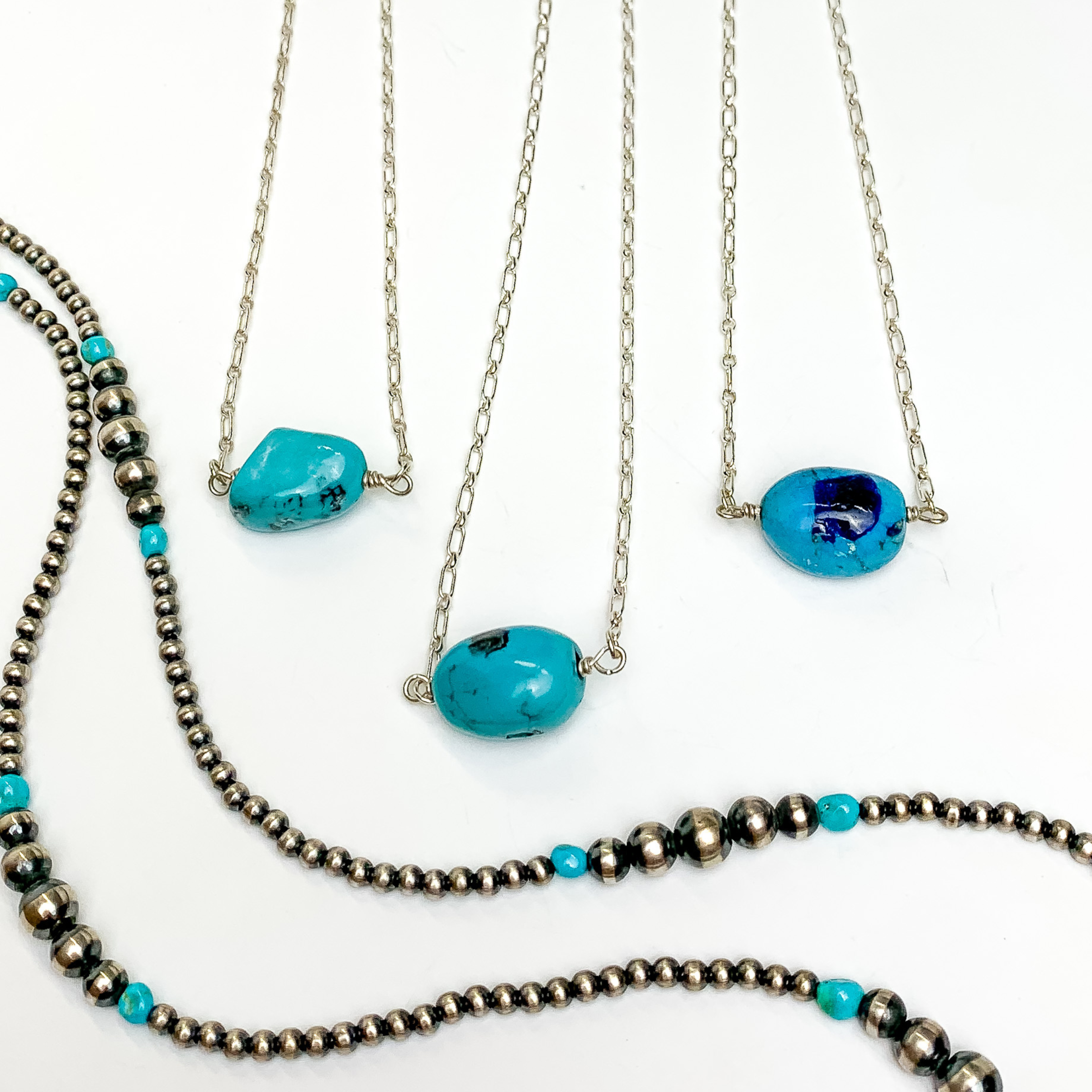 Navajo | Navajo Handmade Small Turquoise Chunk Stone on Silver Chain Necklace - Giddy Up Glamour Boutique
