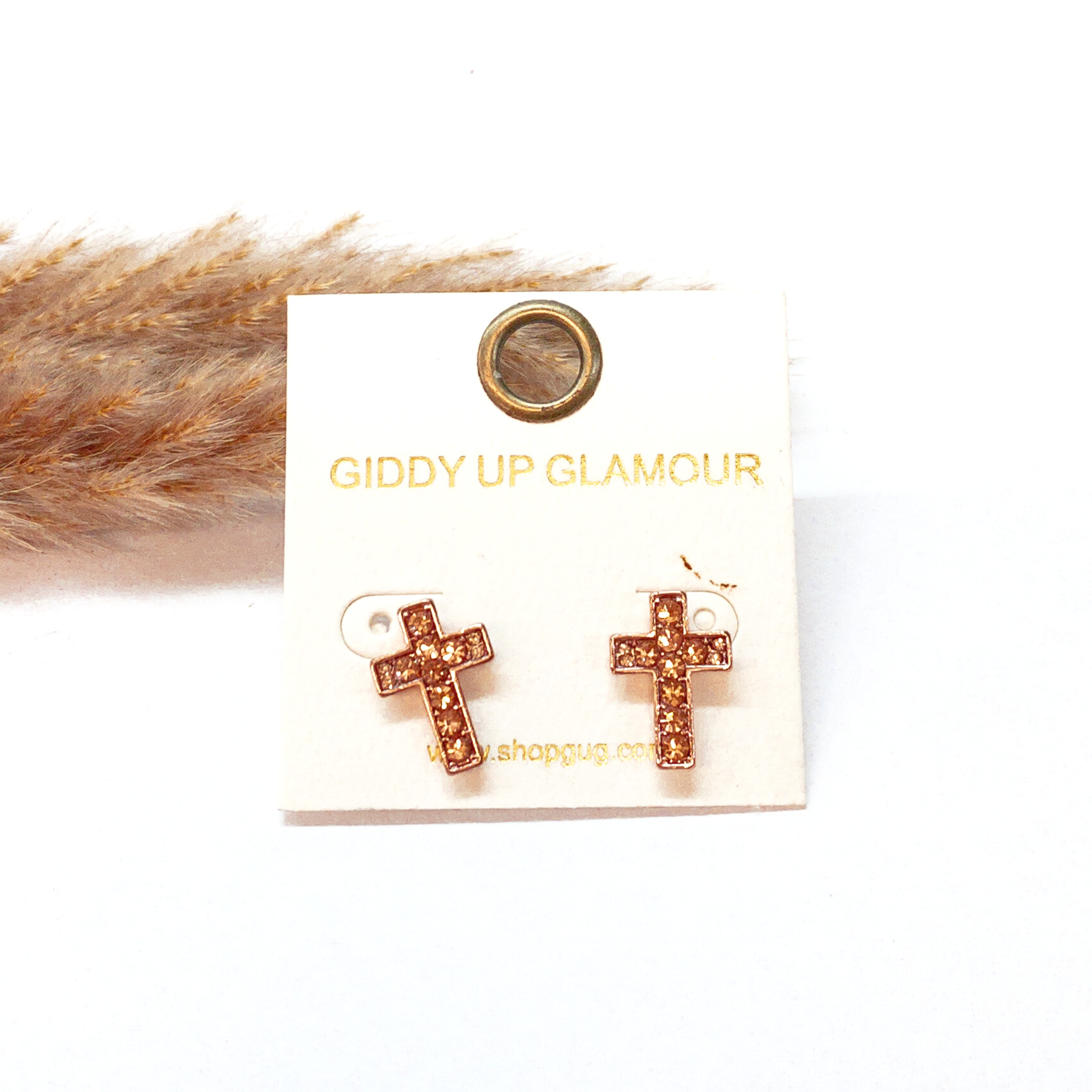 Crystal Cross Stud Earrings in Rose Gold Tone - Giddy Up Glamour Boutique