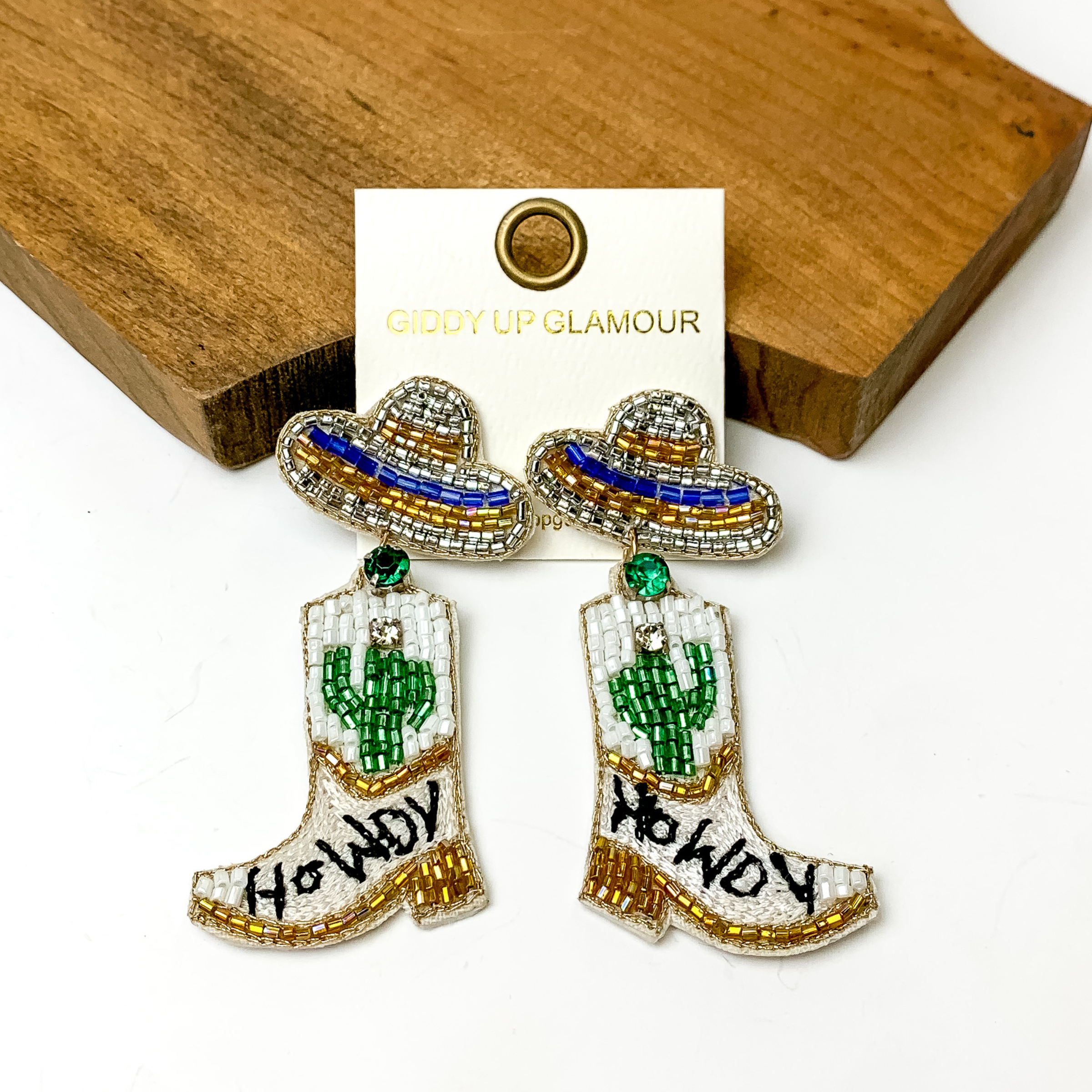 Beaded Sombrero Hat and Boot Earrings in White Multi - Giddy Up Glamour Boutique