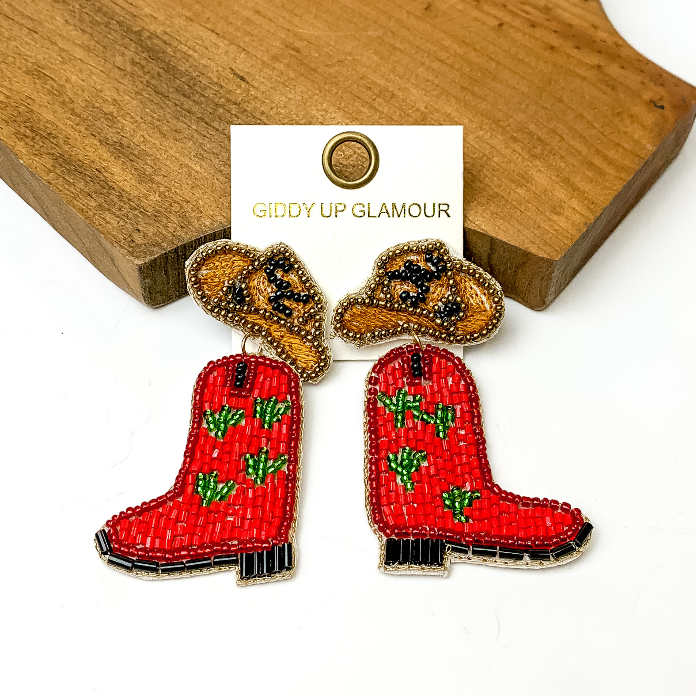 Beaded Cowboy Hat and Boot Earrings in Red - Giddy Up Glamour Boutique