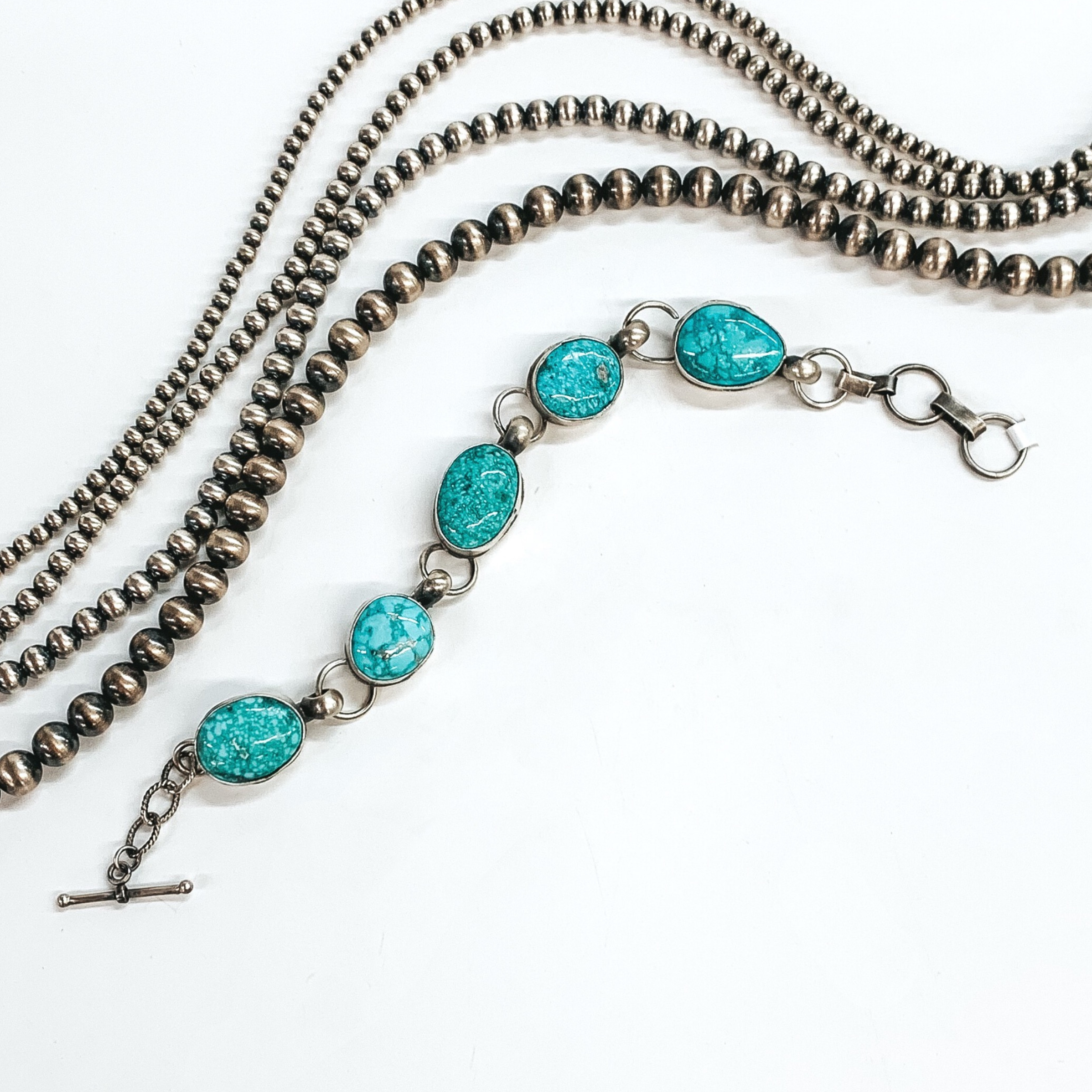 Boyd Ashley | Navajo Handmade Sterling Silver Chain Link Bracelet with White Water Turquoise Stones - Giddy Up Glamour Boutique