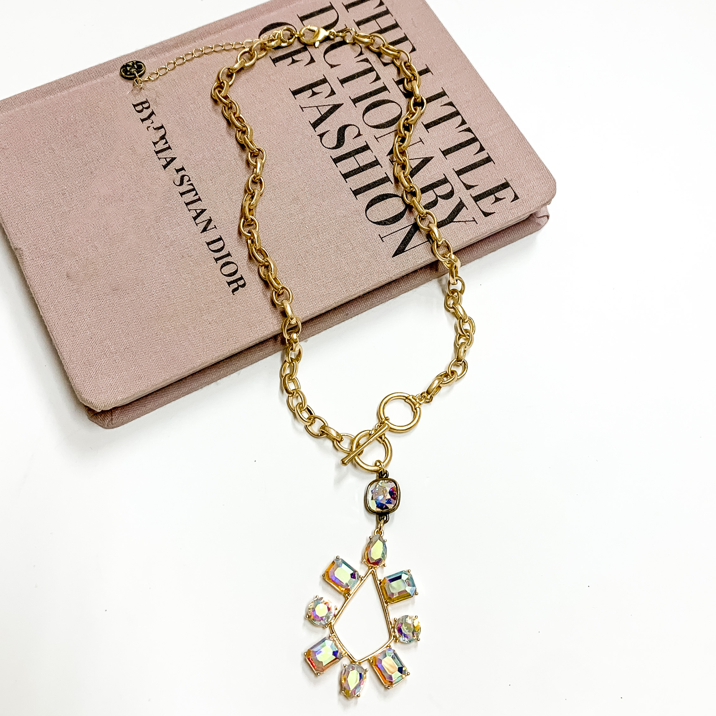 Pink Panache | Gold Tone Chain Necklace with a AB Crystal Drop and Crystal Teardrop Pendant - Giddy Up Glamour Boutique