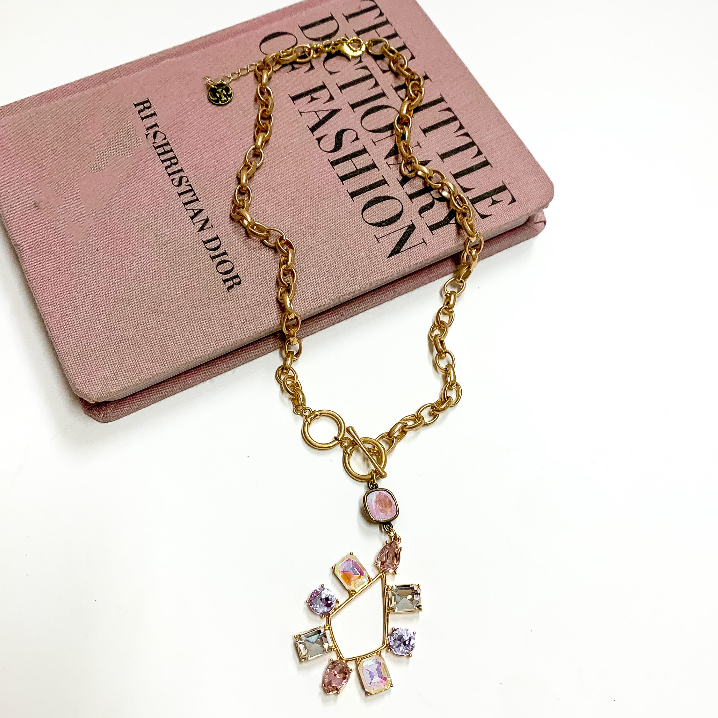 Pink Panache | Gold Tone Chain Necklace with a Lavender Crystal Drop and Multicolor Crystal Teardrop Pendant - Giddy Up Glamour Boutique