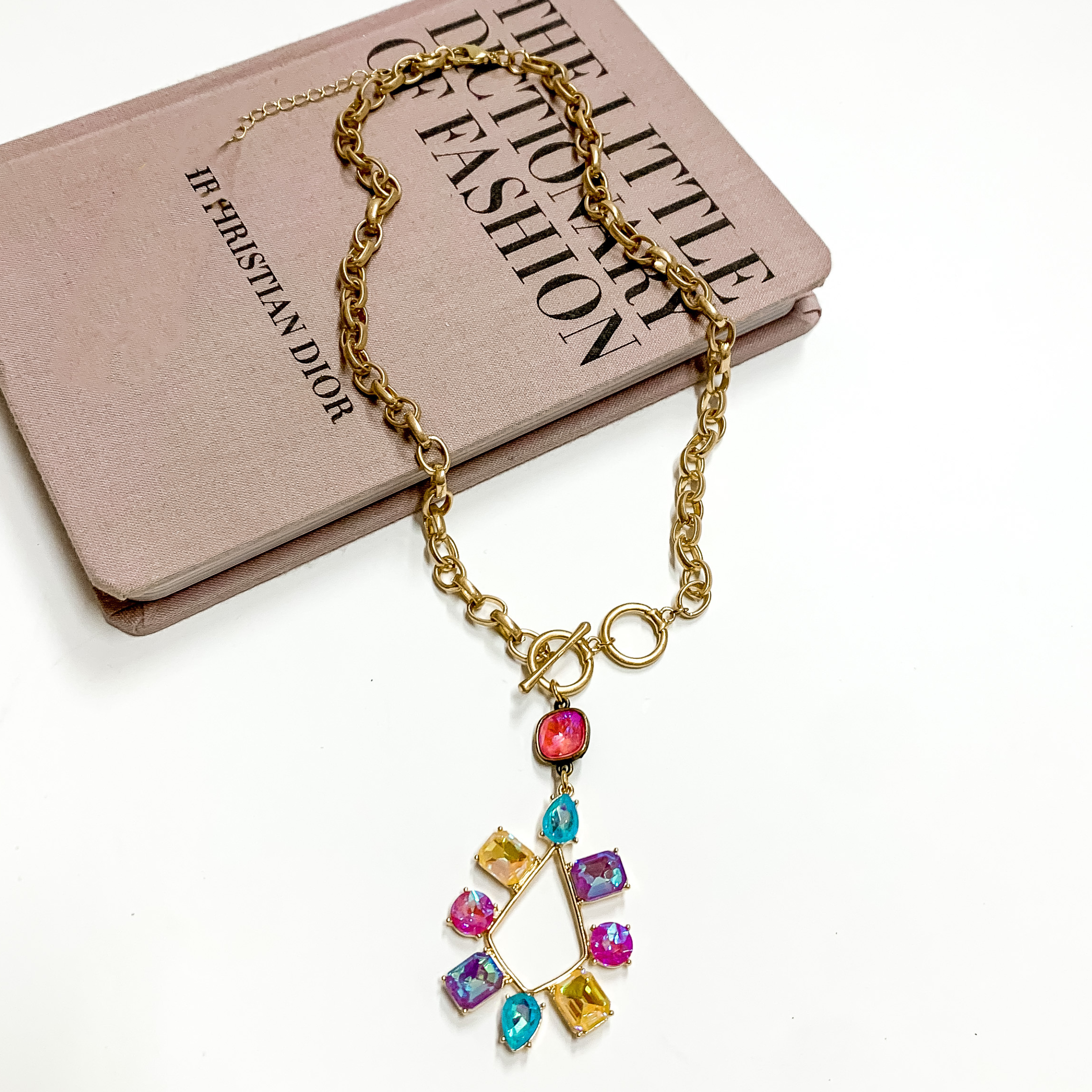 Pink Panache | Gold Tone Chain Necklace with a Pink Lotus Delight Crystal Drop and Multicolor Crystal Teardrop Pendant - Giddy Up Glamour Boutique
