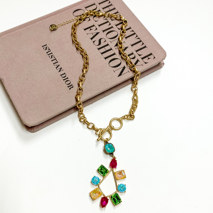 Pink Panache | Gold Tone Chain Necklace with a Laguna Delight Crystal Drop and Multicolor Crystal Teardrop Pendant - Giddy Up Glamour Boutique