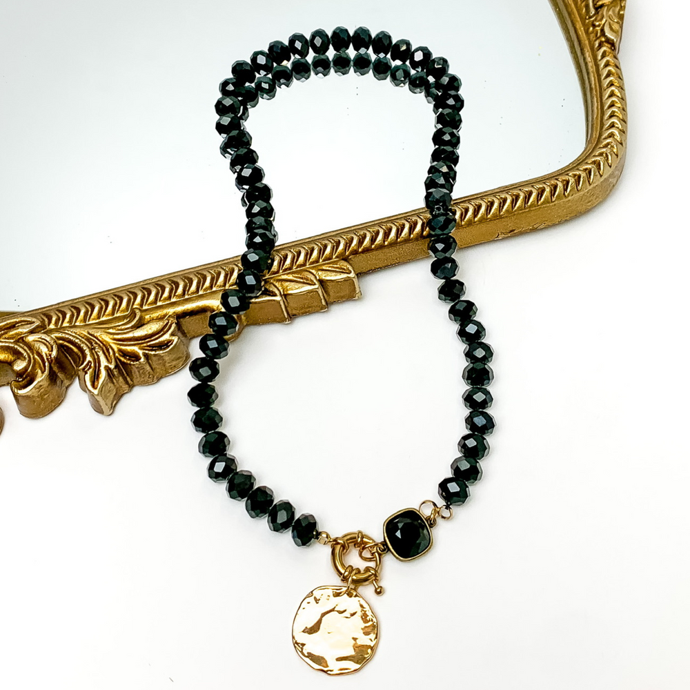 Pink Panache | Black Crystal Beaded Necklace with Gold Tone Coin Charm and Black Cushion Cut Crystal - Giddy Up Glamour Boutique