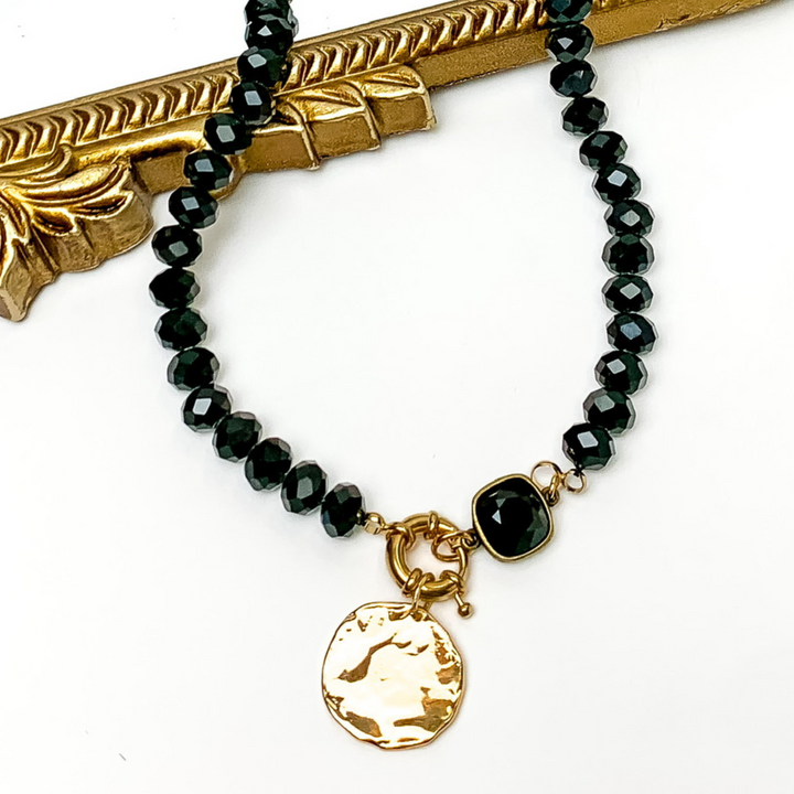 Pink Panache | Black Crystal Beaded Necklace with Gold Tone Coin Charm and Black Cushion Cut Crystal - Giddy Up Glamour Boutique