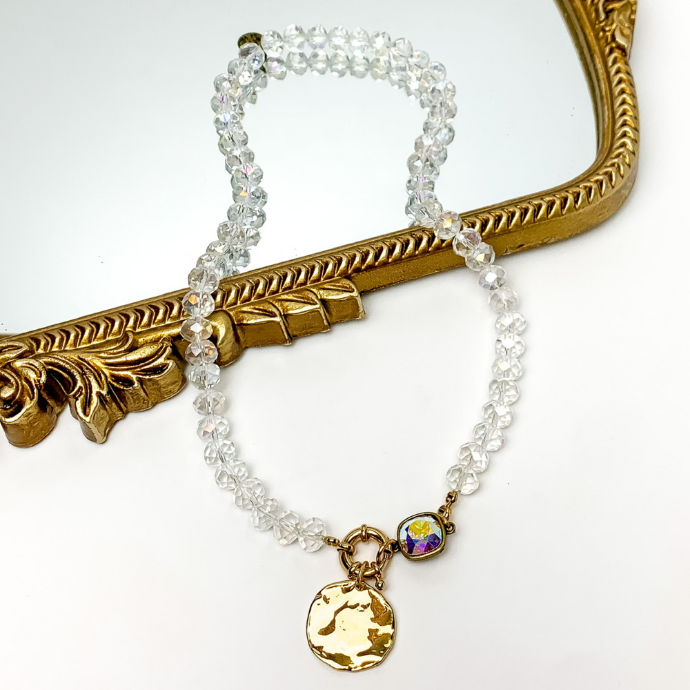 Pink Panache | Clear Ab Crystal Beaded Necklace with Gold Tone Coin Charm and AB Cushion Cut Crystal - Giddy Up Glamour Boutique