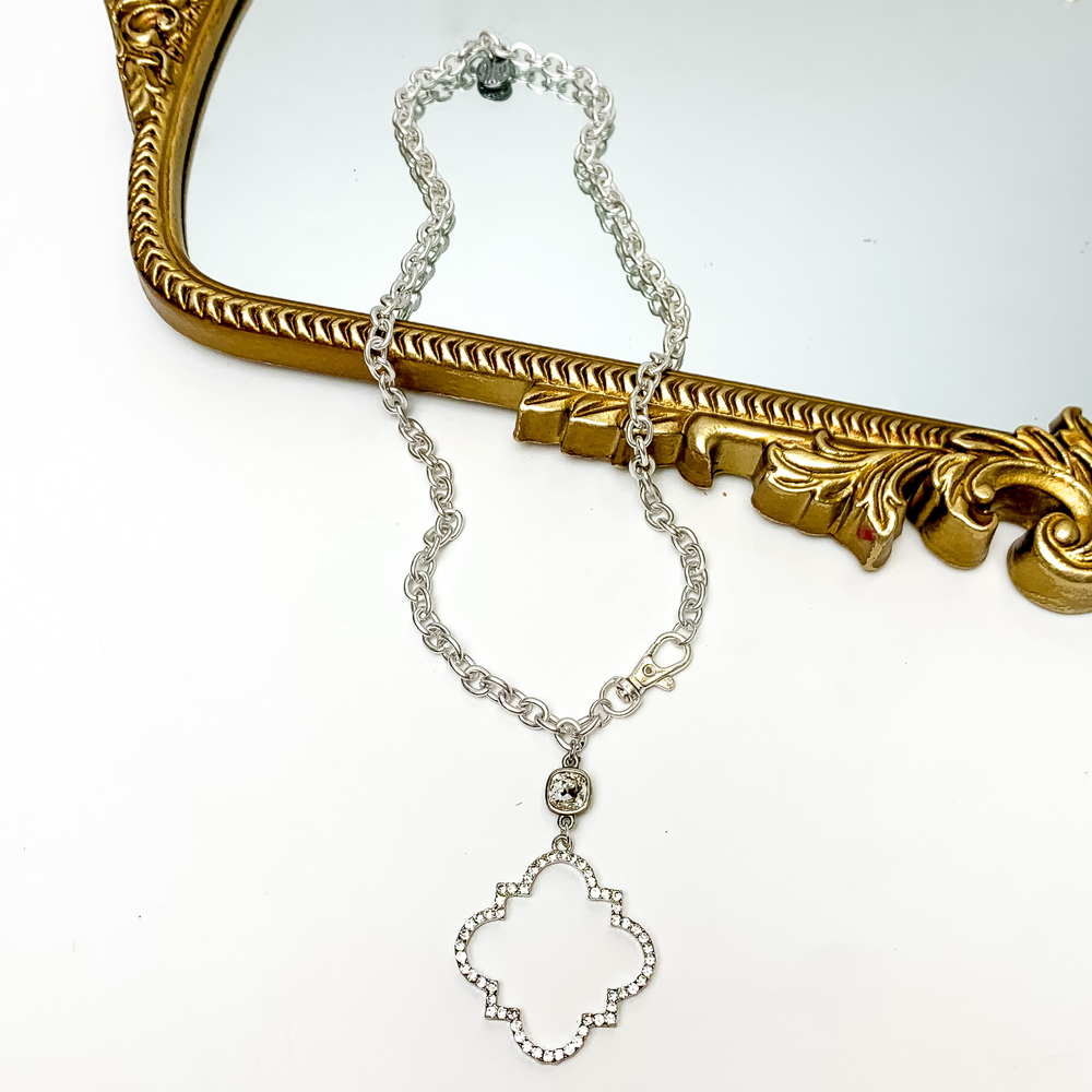 Pink Panache | Silver Tone Chain Necklace with Clear Cushion Cut Crystal and Clear Crystal Quatrefoil Pendant - Giddy Up Glamour Boutique