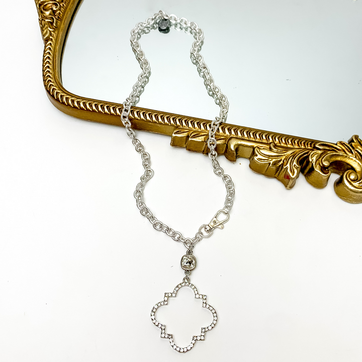 Pink Panache | Silver Tone Chain Necklace with Clear Cushion Cut Crystal and Clear Crystal Quatrefoil Pendant - Giddy Up Glamour Boutique