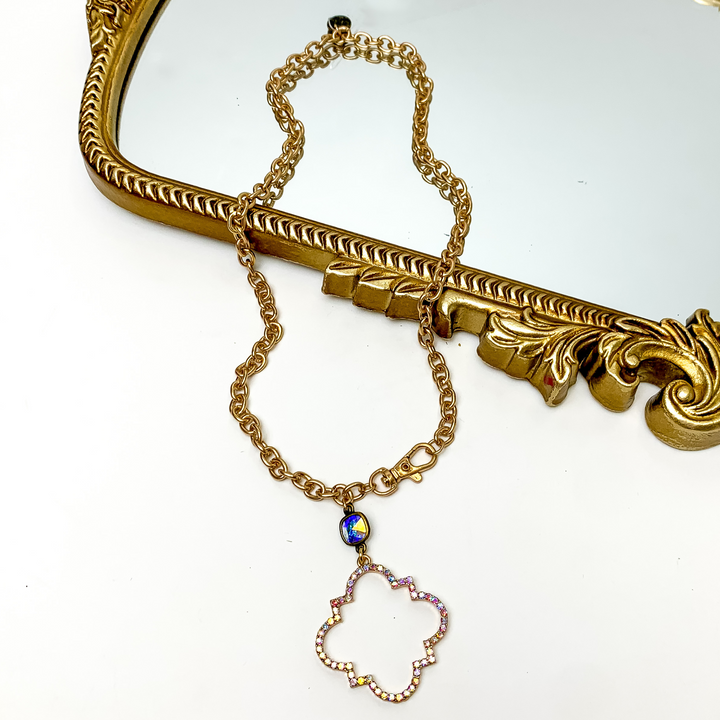 Pink Panache | Gold Tone Chain Necklace with AB Cushion Cut Crystal and AB Crystal Quatrefoil Pendant - Giddy Up Glamour Boutique