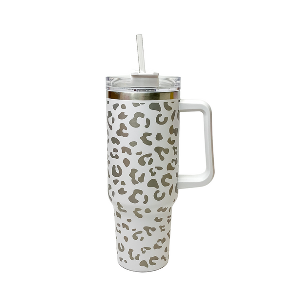 40 oz Leopard Print Tumbler with Handle in White | Trendy pieces for ...