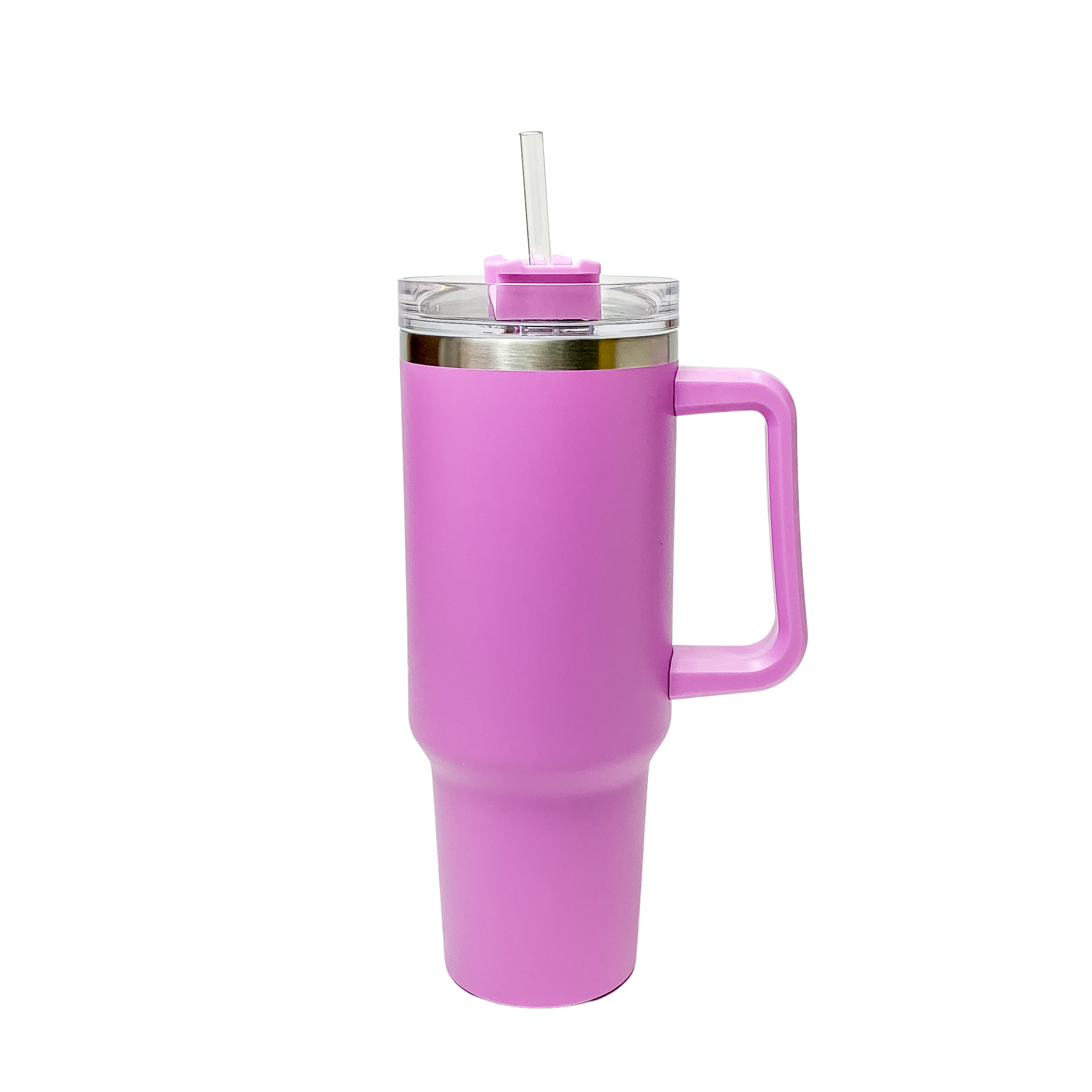 Pictured is a violet pink tumbler with a handle and clear straw. This tumbler is pictured on a white background. 