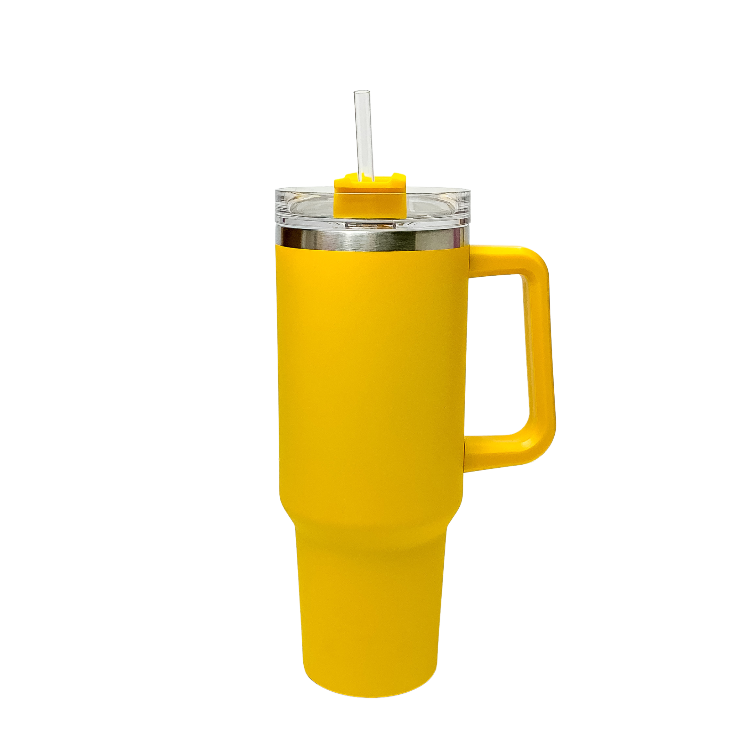 Pictured is a yellow tumbler with a handle and clear straw. This tumbler is pictured on a white background. 