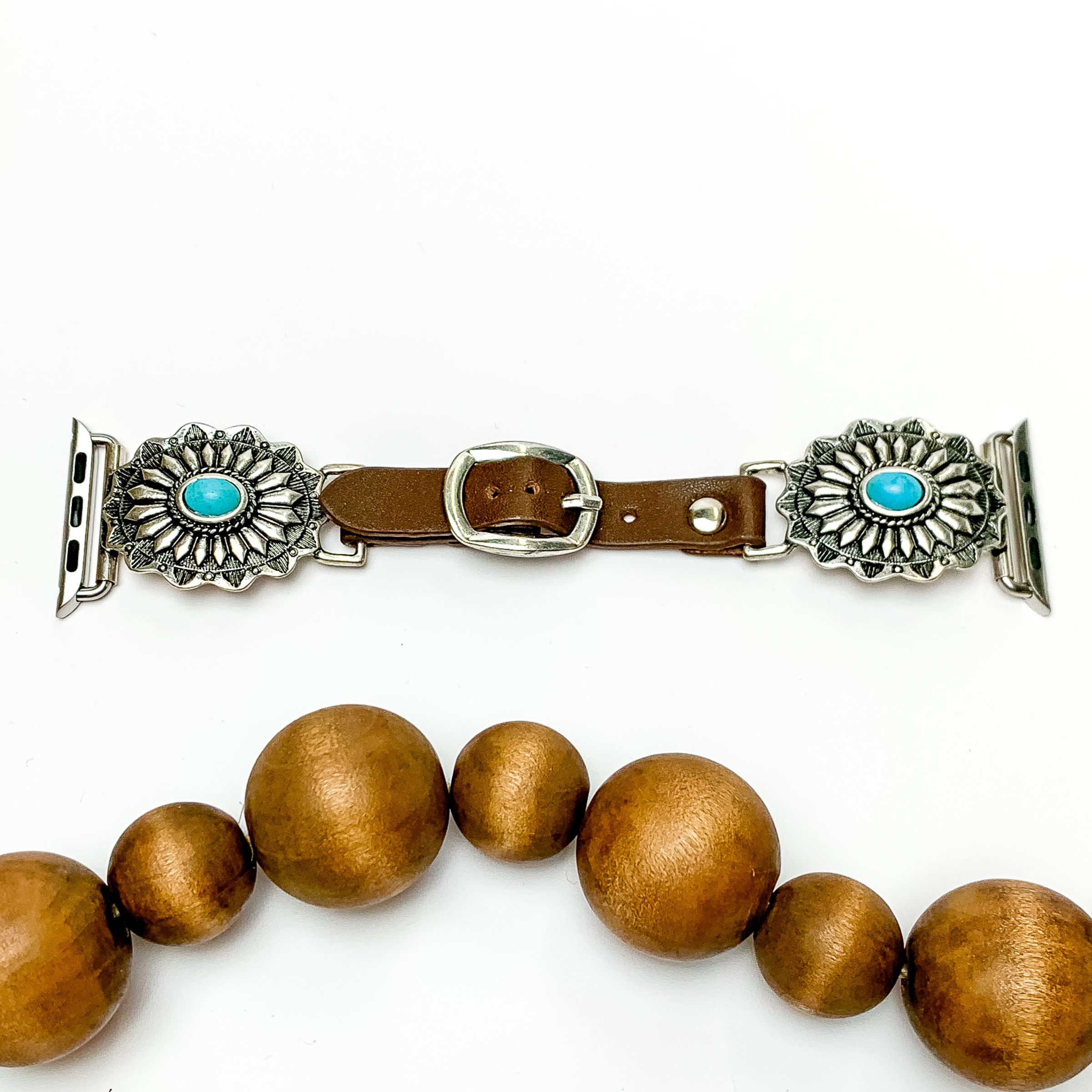 Brown Apple Watch Band with Silver Conchos and Turquoise Stones - Giddy Up Glamour Boutique