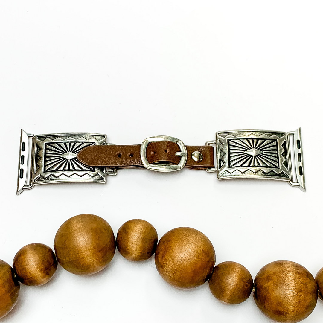 Brown Smart Watch Band with Silver Tone Rectangle Conchos - Giddy Up Glamour Boutique