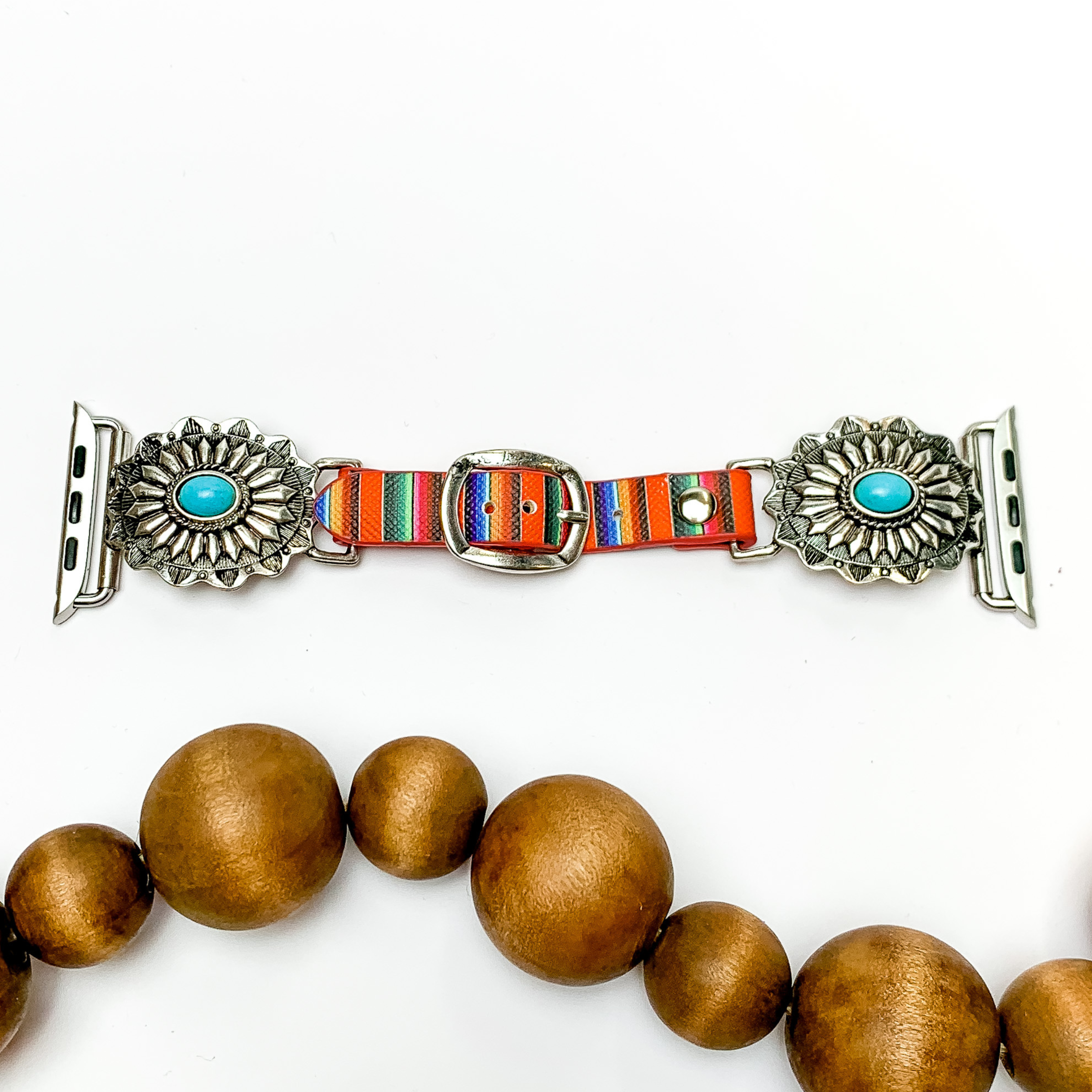 Serape Print Smart Watch Band with Silver Conchos and Turquoise Stones - Giddy Up Glamour Boutique