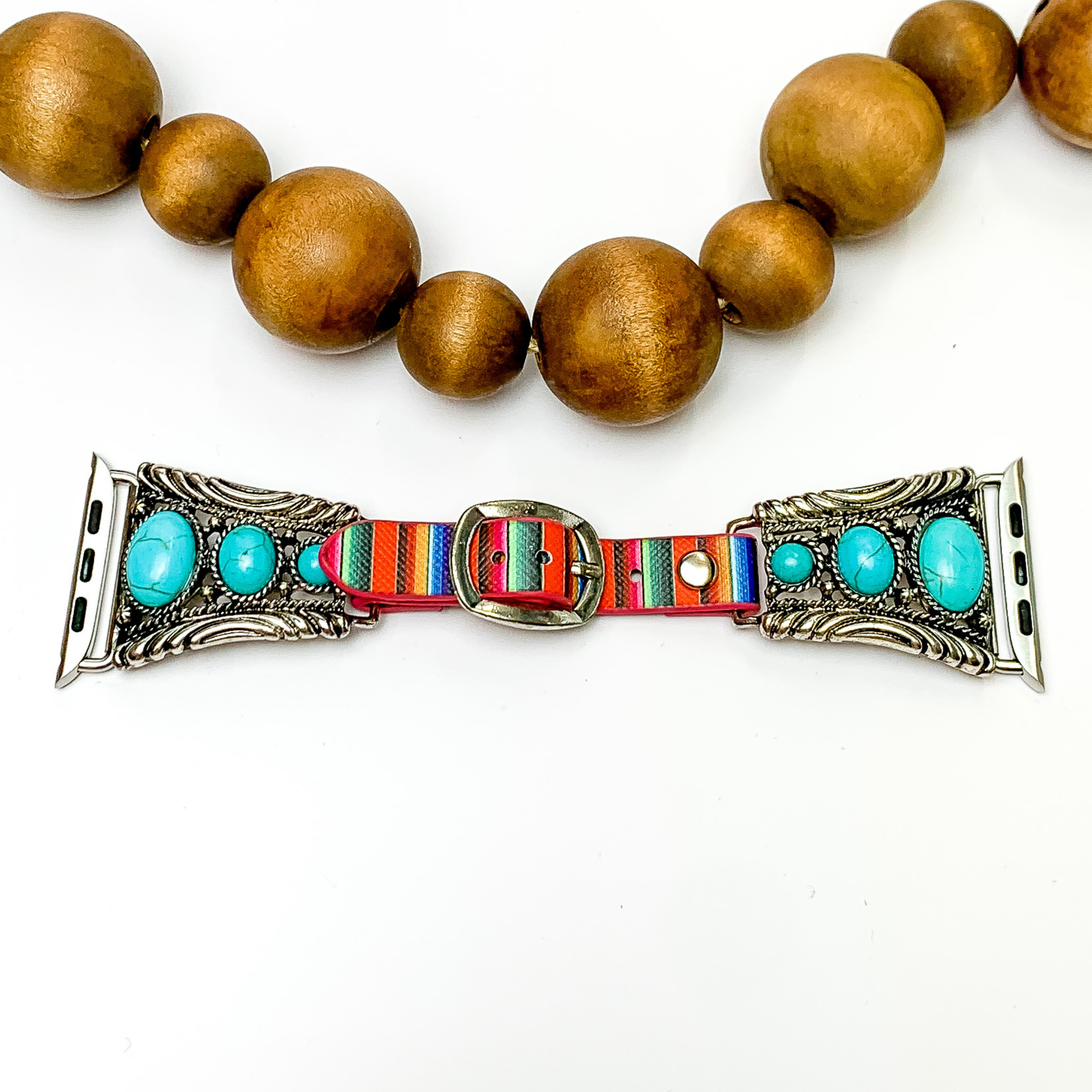 Serape Print Apple Watch Band with Western Pendant and Turquoise Stones