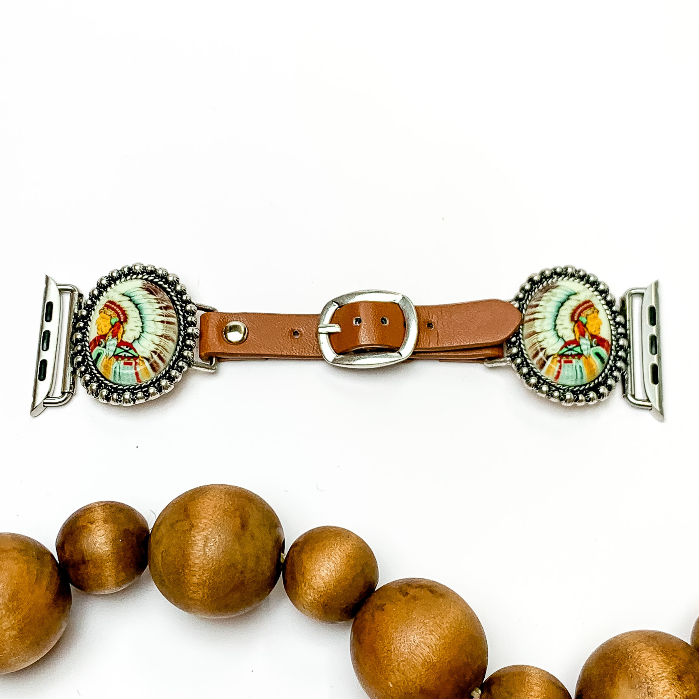 Brown Apple Watch Band with Oval Chief Pendants - Giddy Up Glamour Boutique