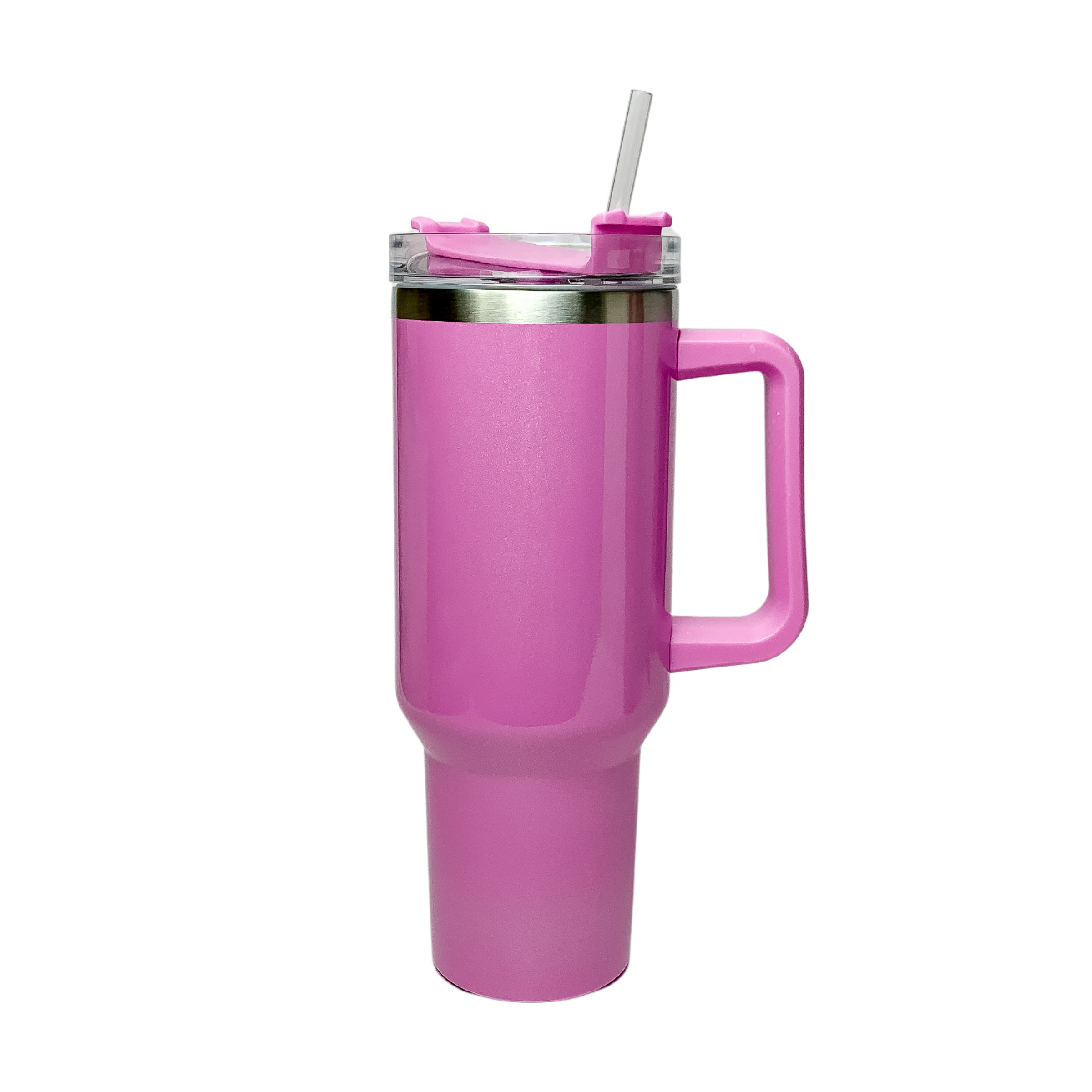 Pictured is a purple shimmer tumbler with a handle and clear straw. This tumbler is pictured on a white background.