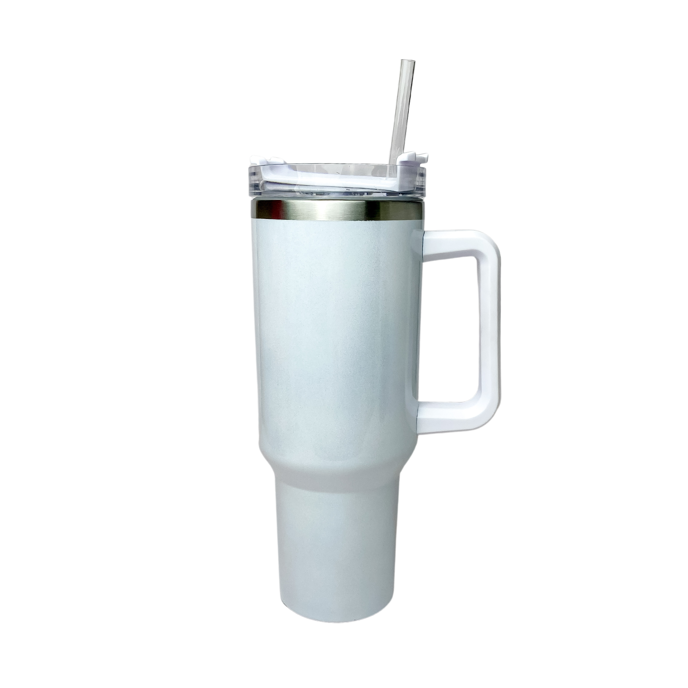 Pictured is a white shimmer tumbler with a handle and clear straw. This tumbler is pictured on a white background.