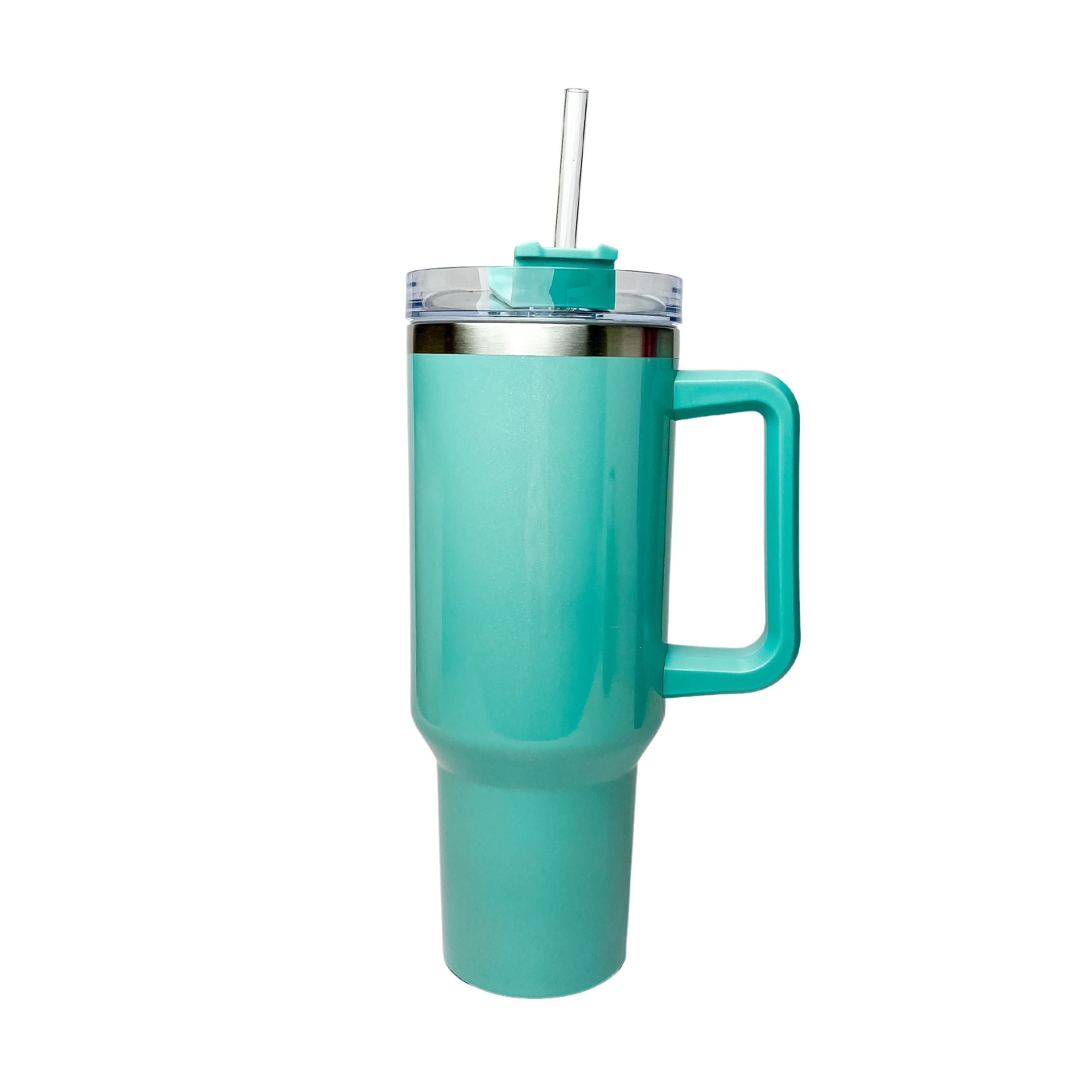 Pictured is a turquoise shimmer tumbler with a handle and clear straw. This tumbler is pictured on a white background.