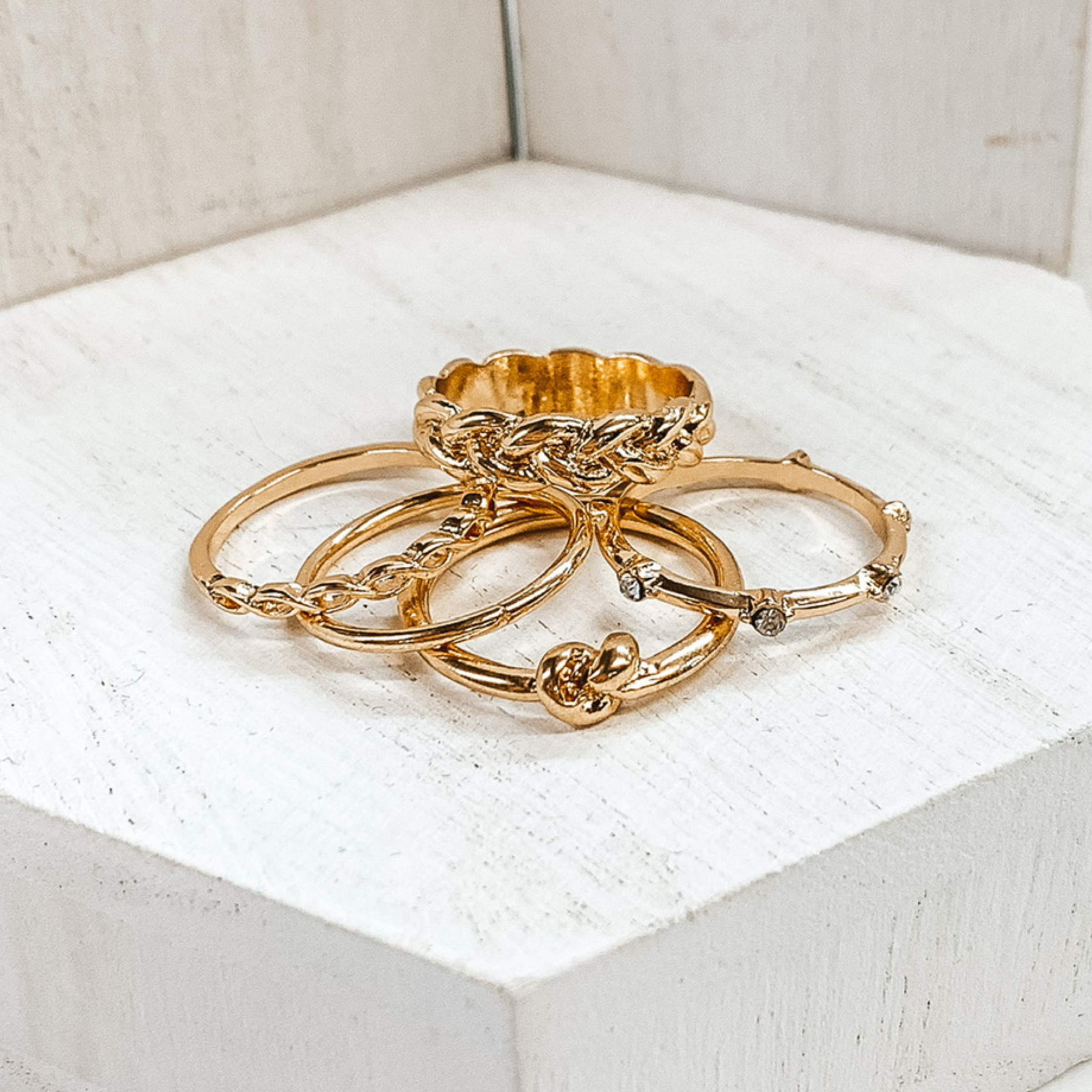 Set of 5 | Multi Textured Ring Tone Set in Gold - Giddy Up Glamour Boutique