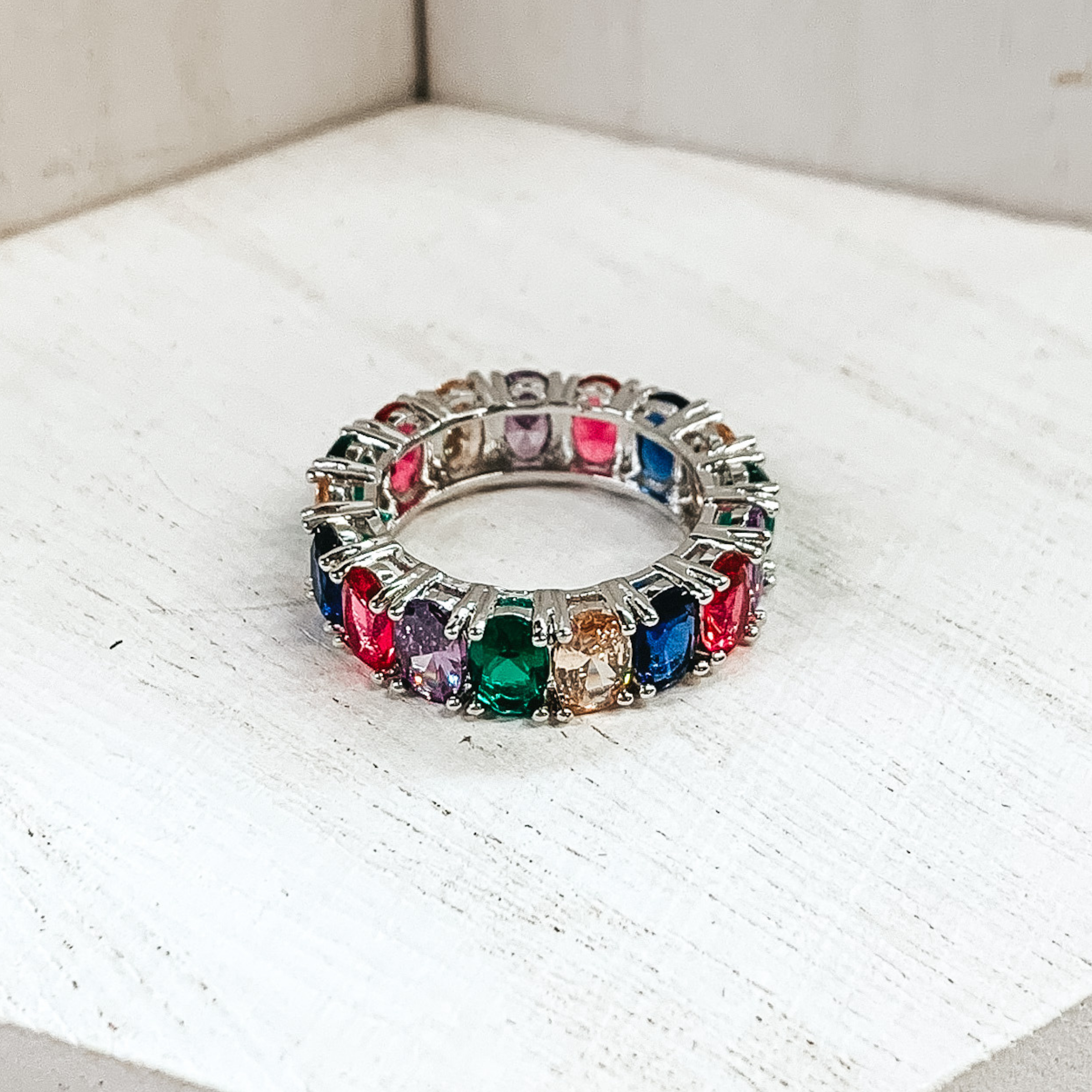 Silver Tone Ring with Oval CZ Crystals in Multicolored - Giddy Up Glamour Boutique