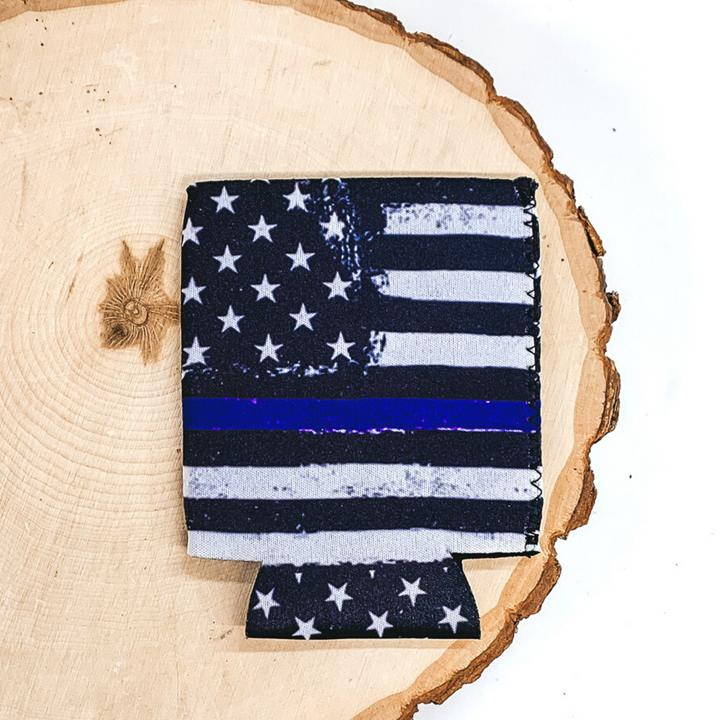 Back the Blue American Flag Koozie with Blue Line - Giddy Up Glamour Boutique