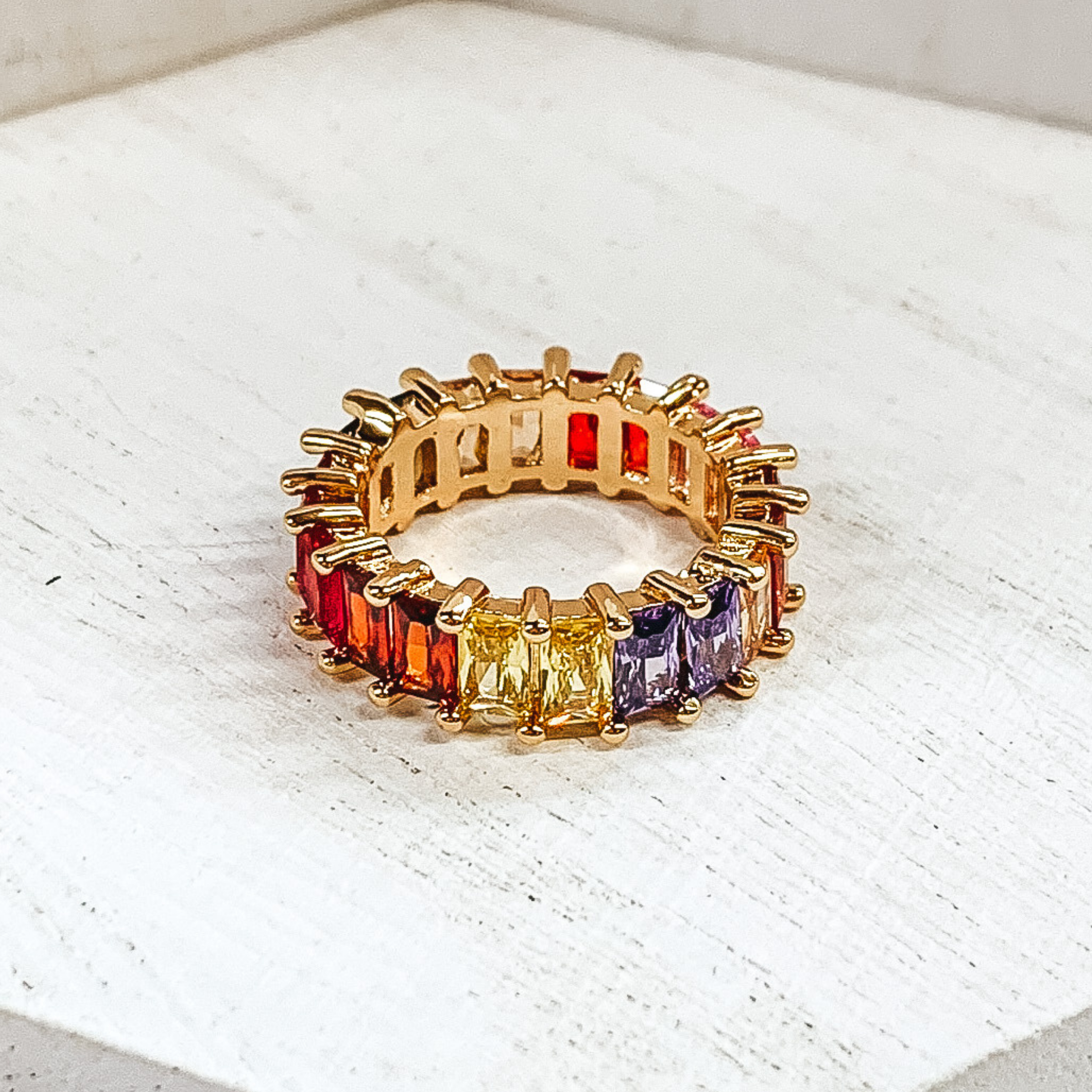 Gold Tone Ring with Baguette Crystals in Garnet Multicolored - Giddy Up Glamour Boutique