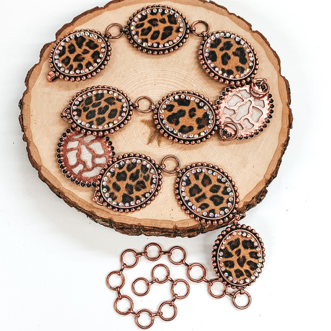 Leopard Print Concho Belt with AB Crystal Outline in Copper Tone - Giddy Up Glamour Boutique