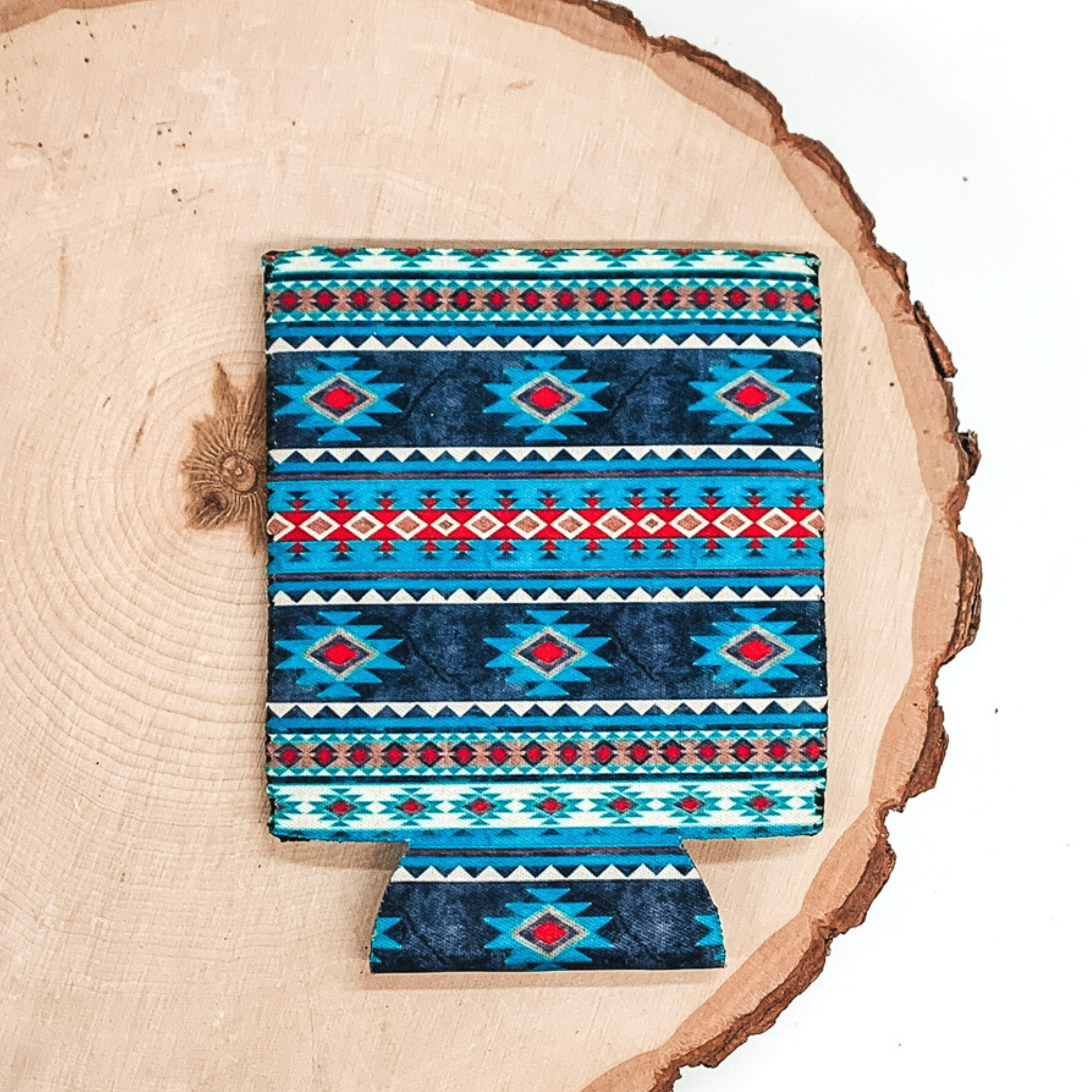 Navy, Turquoise, and Red Aztec Print Koozie - Giddy Up Glamour Boutique