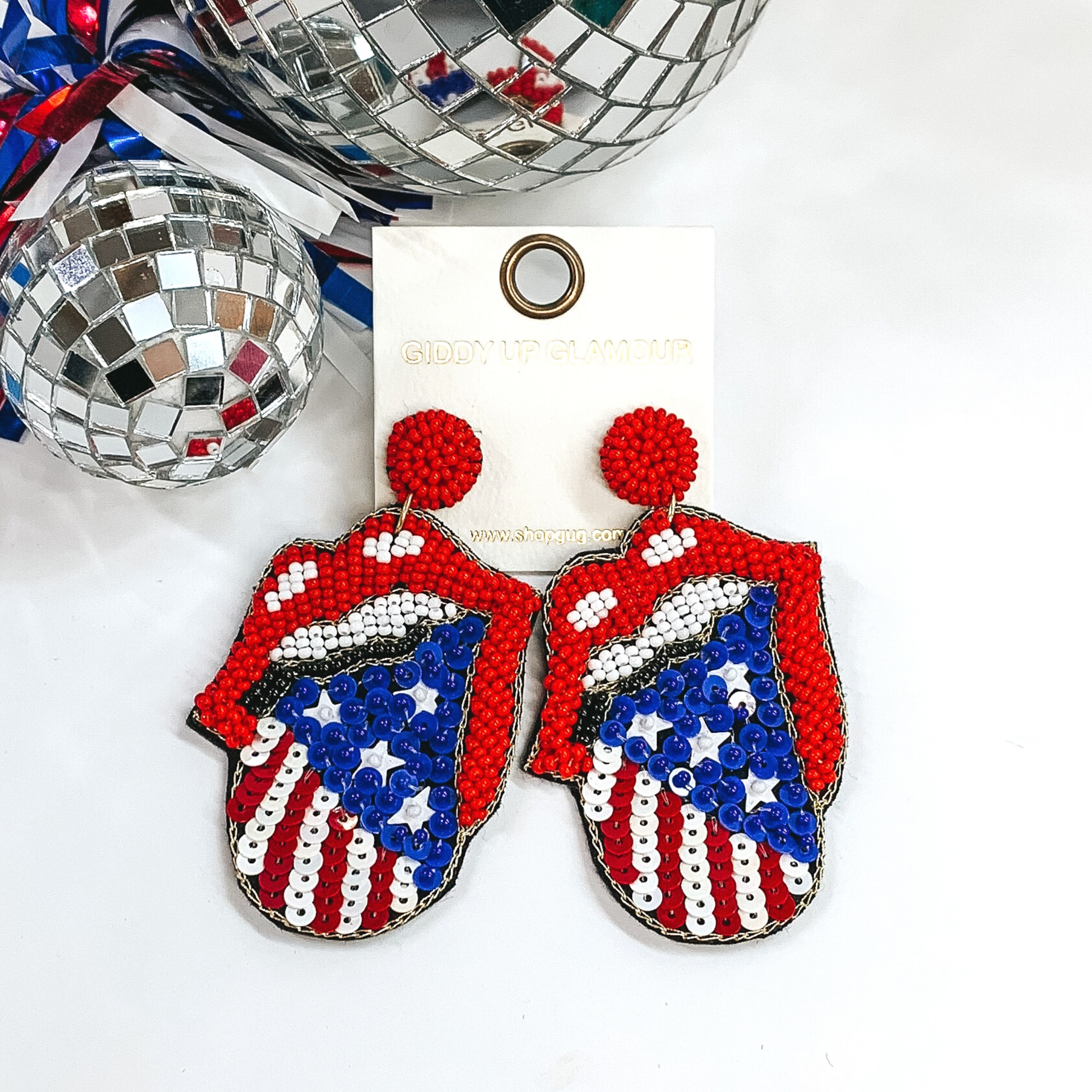 American Flag Seed Beaded Lip and Tongue Post Earrings - Giddy Up Glamour Boutique