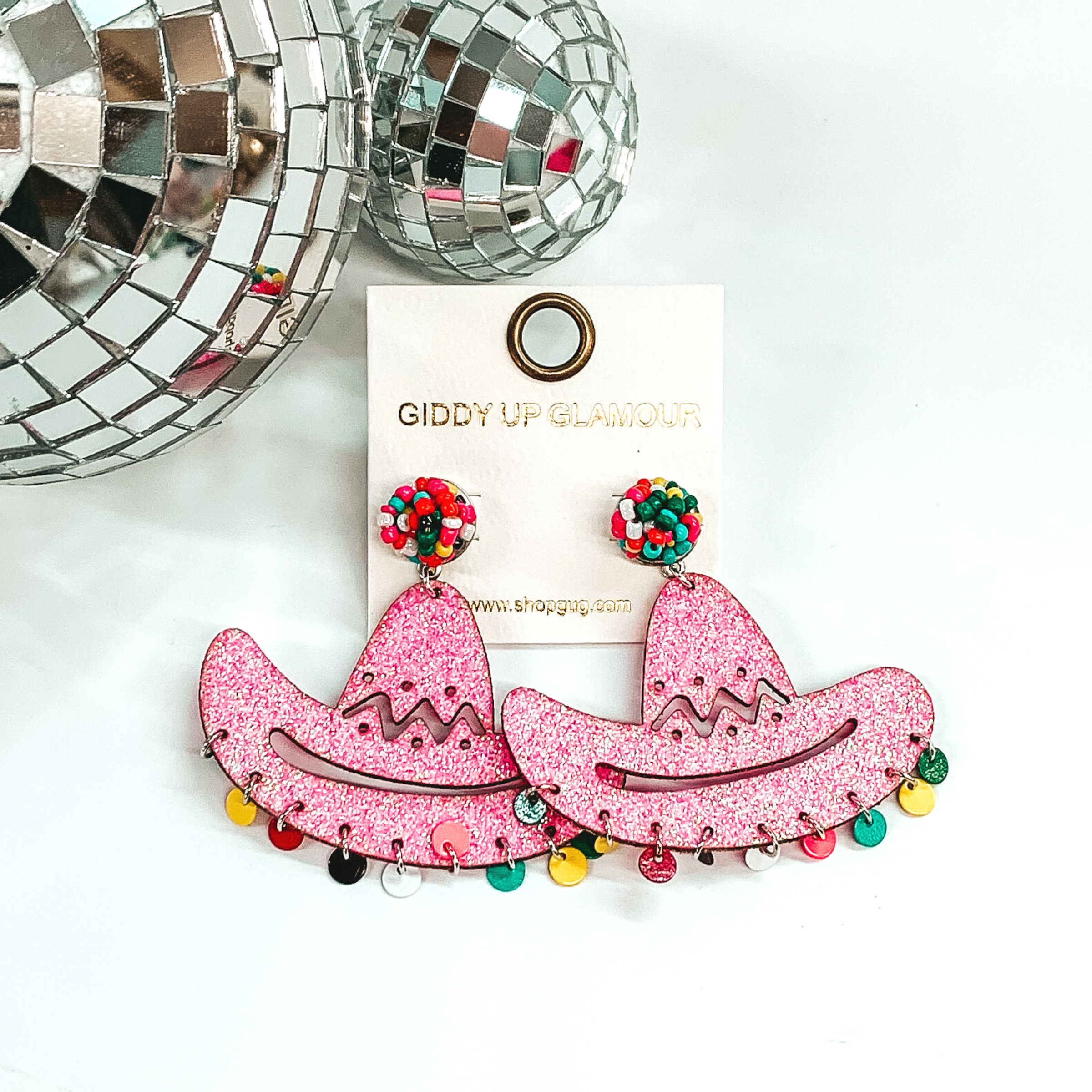 Let's Fiesta! Glitter Hat Earrings In Pink - Giddy Up Glamour Boutique