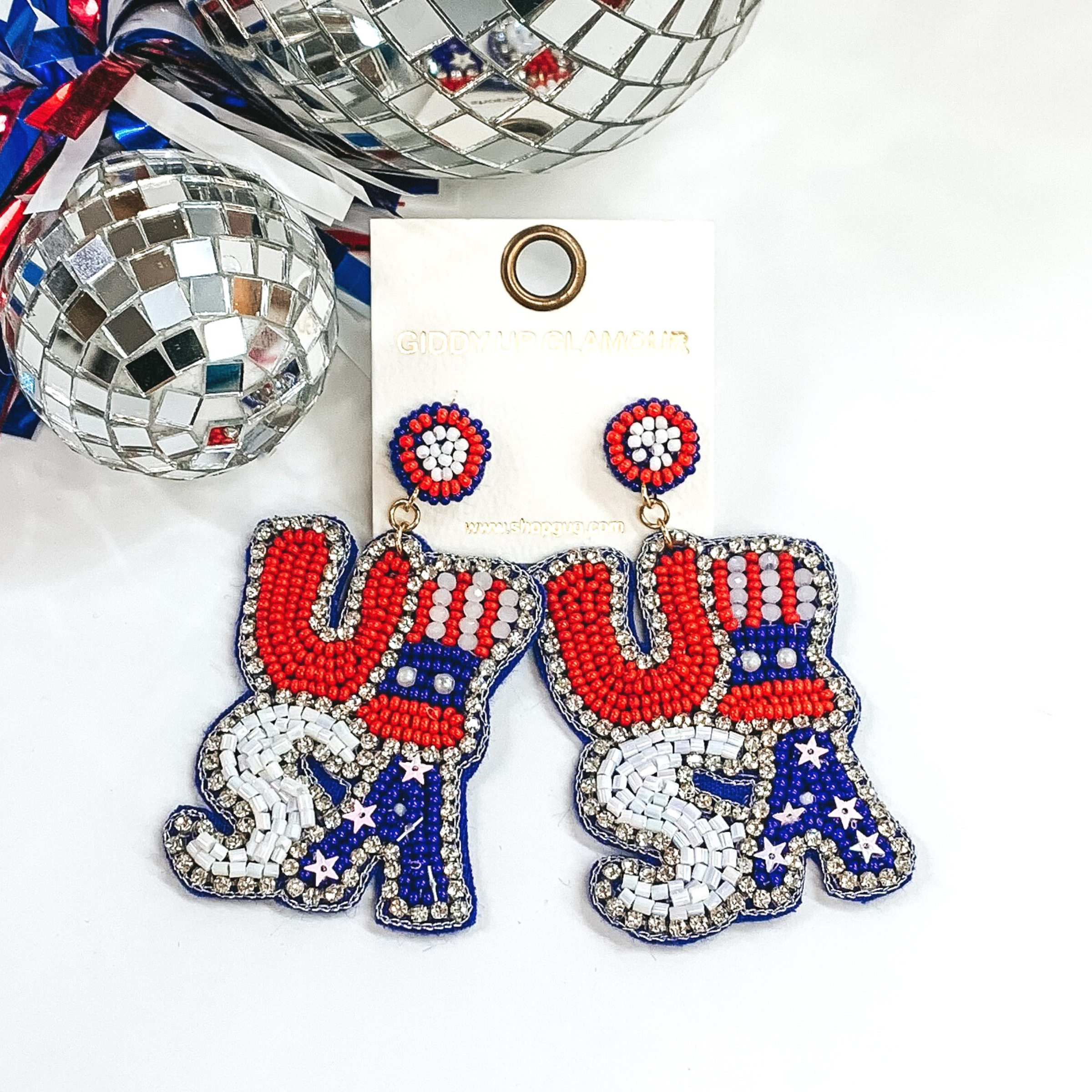Beaded USA Drop Earrings with Clear Crystal Outline - Giddy Up Glamour Boutique