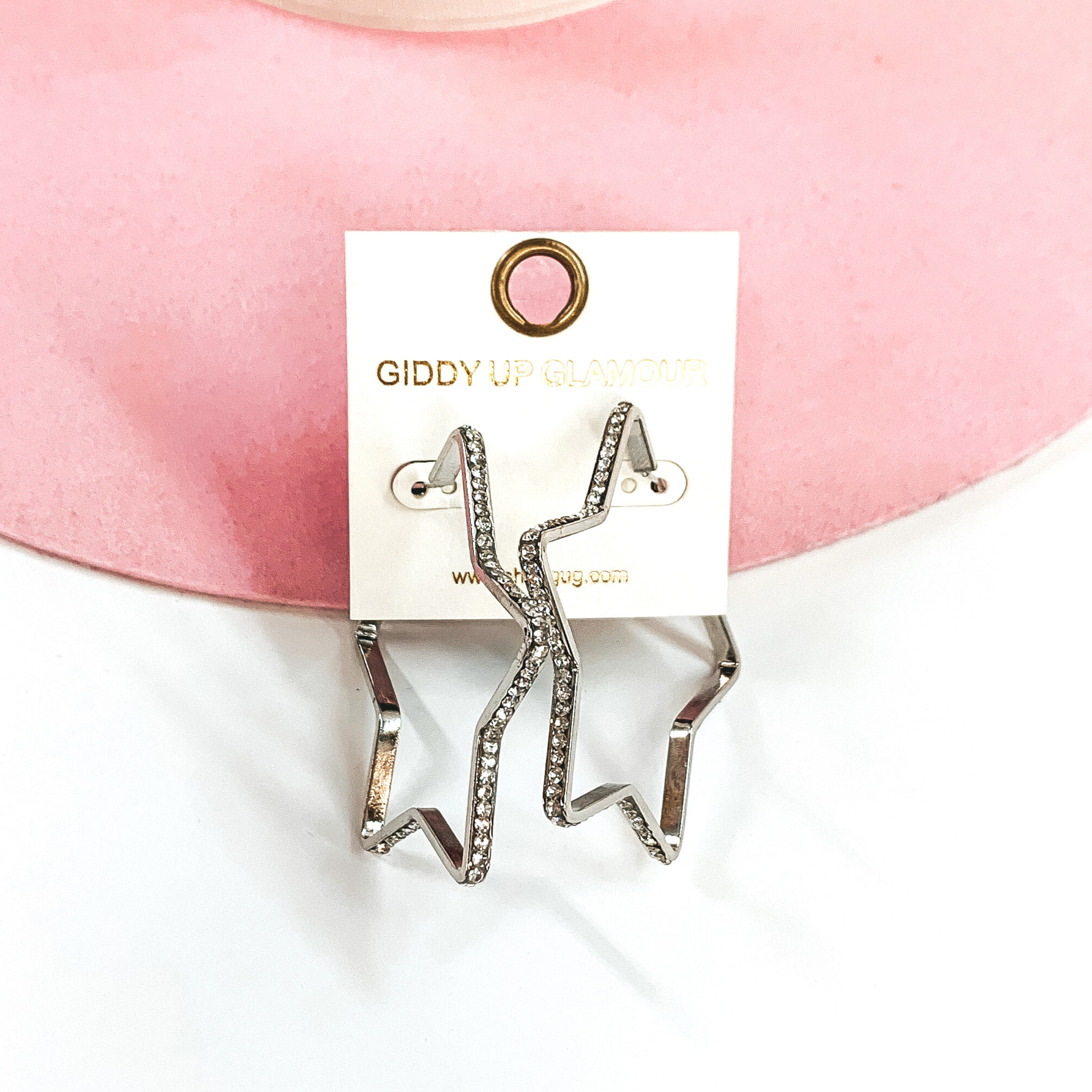 Star Shaped Hoop Earrings with Clear Crystals in Silver - Giddy Up Glamour Boutique