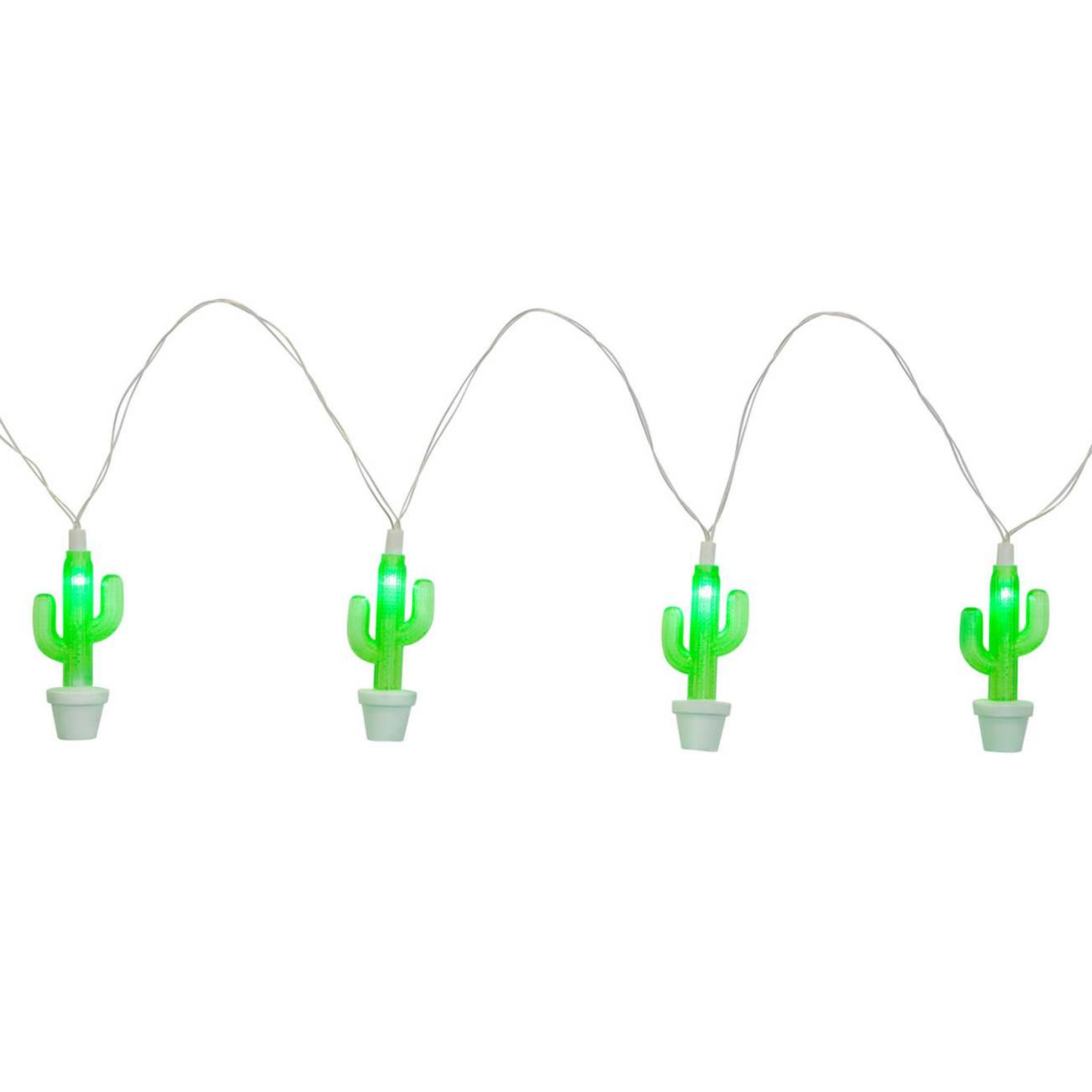 String lights that are shaped like green cacti in white pots, strung together by white string. These light are pictured on a white background. 