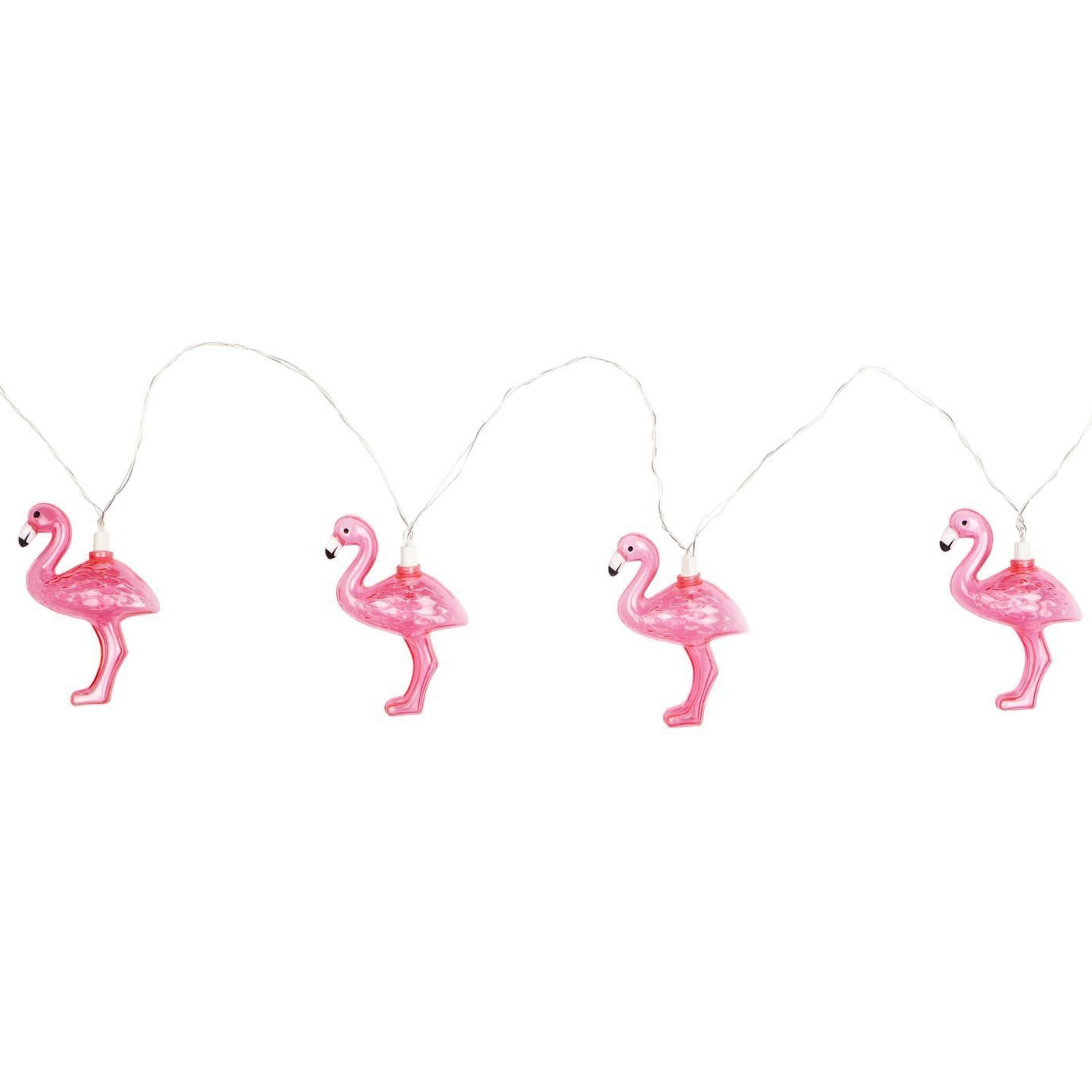 String lights that are shaped like pink standing flamingos, strung together by white string. These light are pictured on a white background.