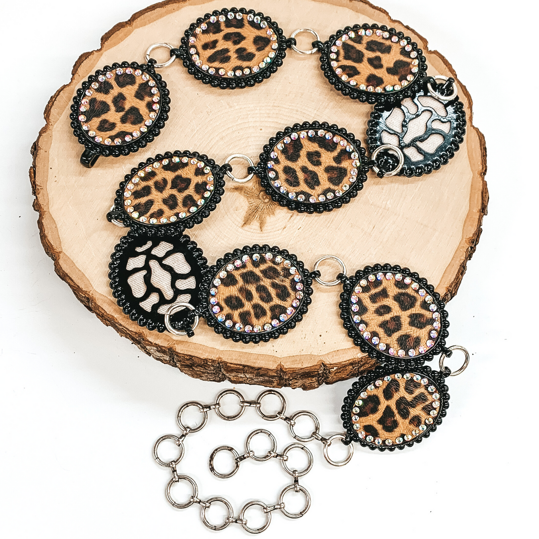 Leopard Print Concho Belt with AB Crystal Outline in Black - Giddy Up Glamour Boutique