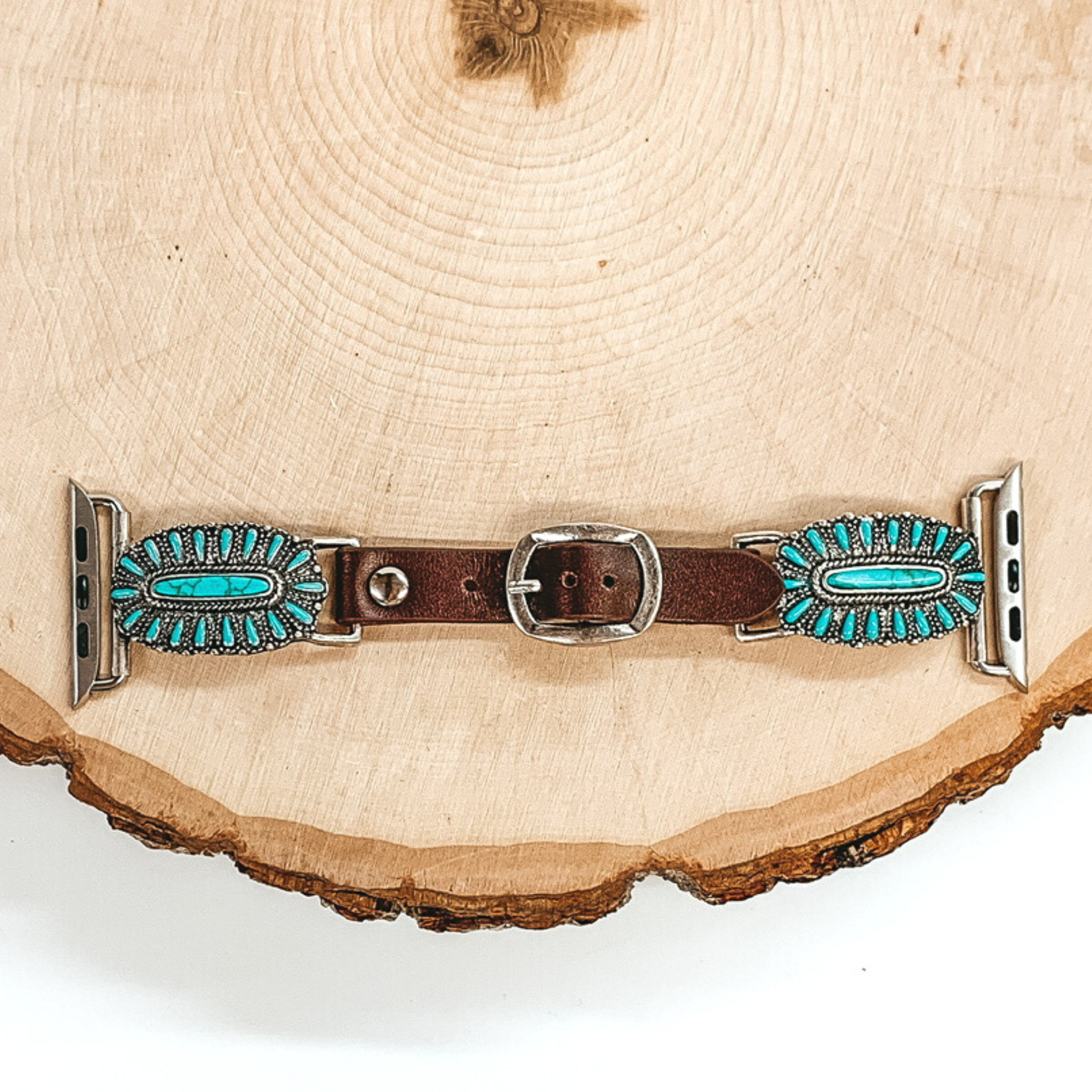 Brown Apple Watch Band with Oval Turquoise Clusters - Giddy Up Glamour Boutique