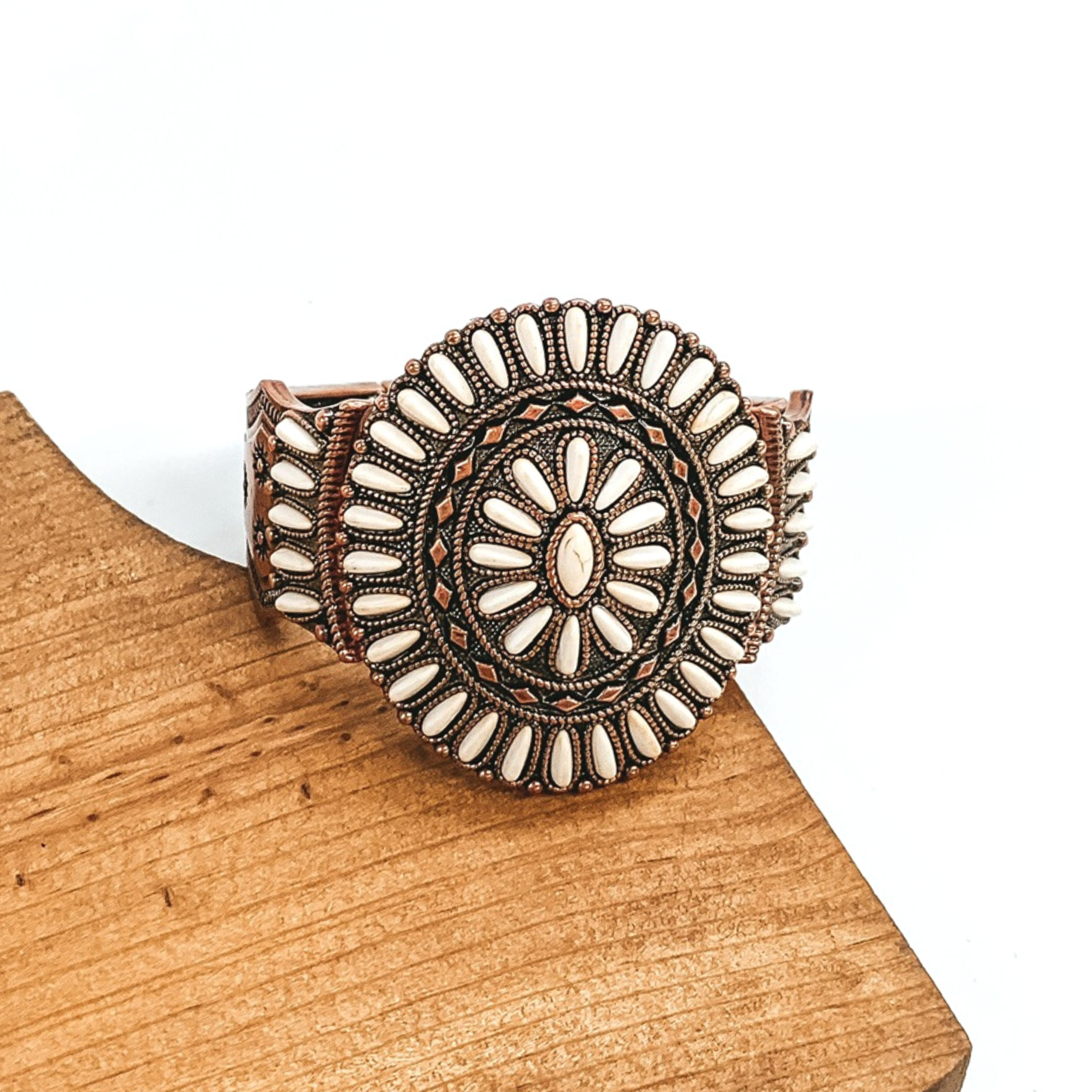 Ivory Stone Cluster Bracelet with Tooled Metal in Copper Tone - Giddy Up Glamour Boutique