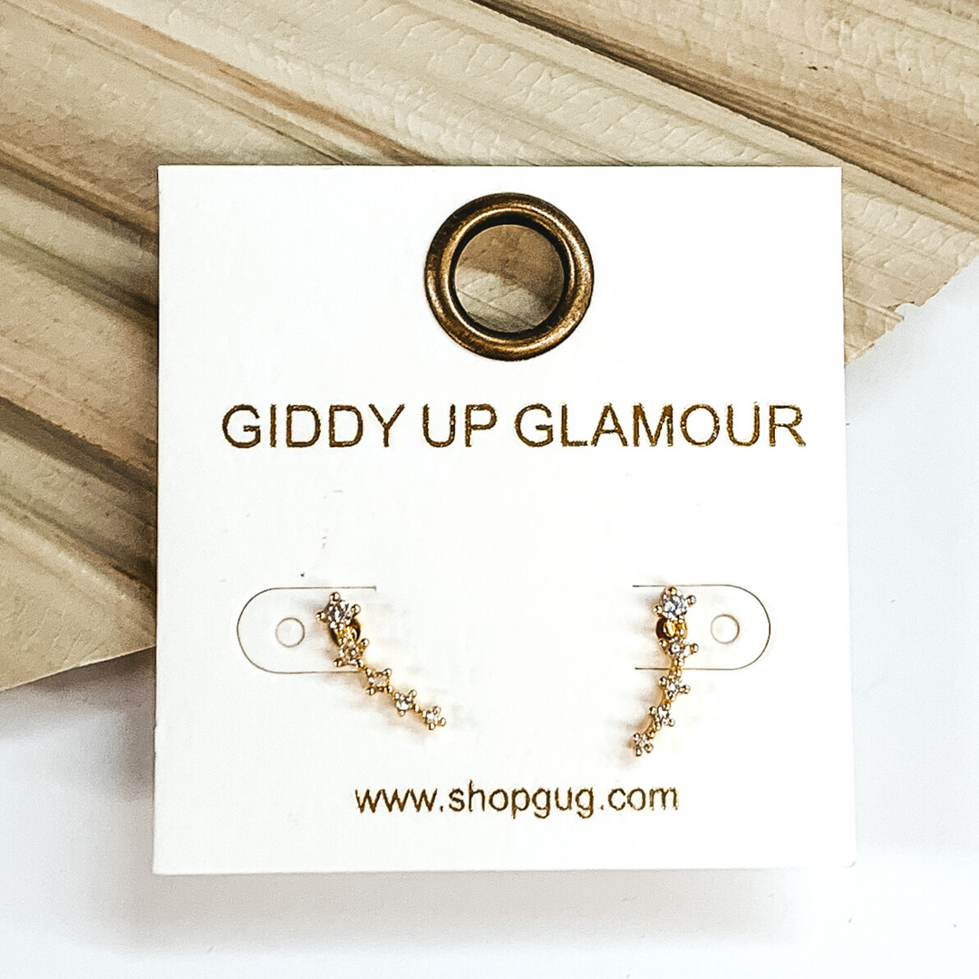 Silver and clear crystals ear climbing stud earrings. These earrings are pictured laying on a green palm leaf on a white background.