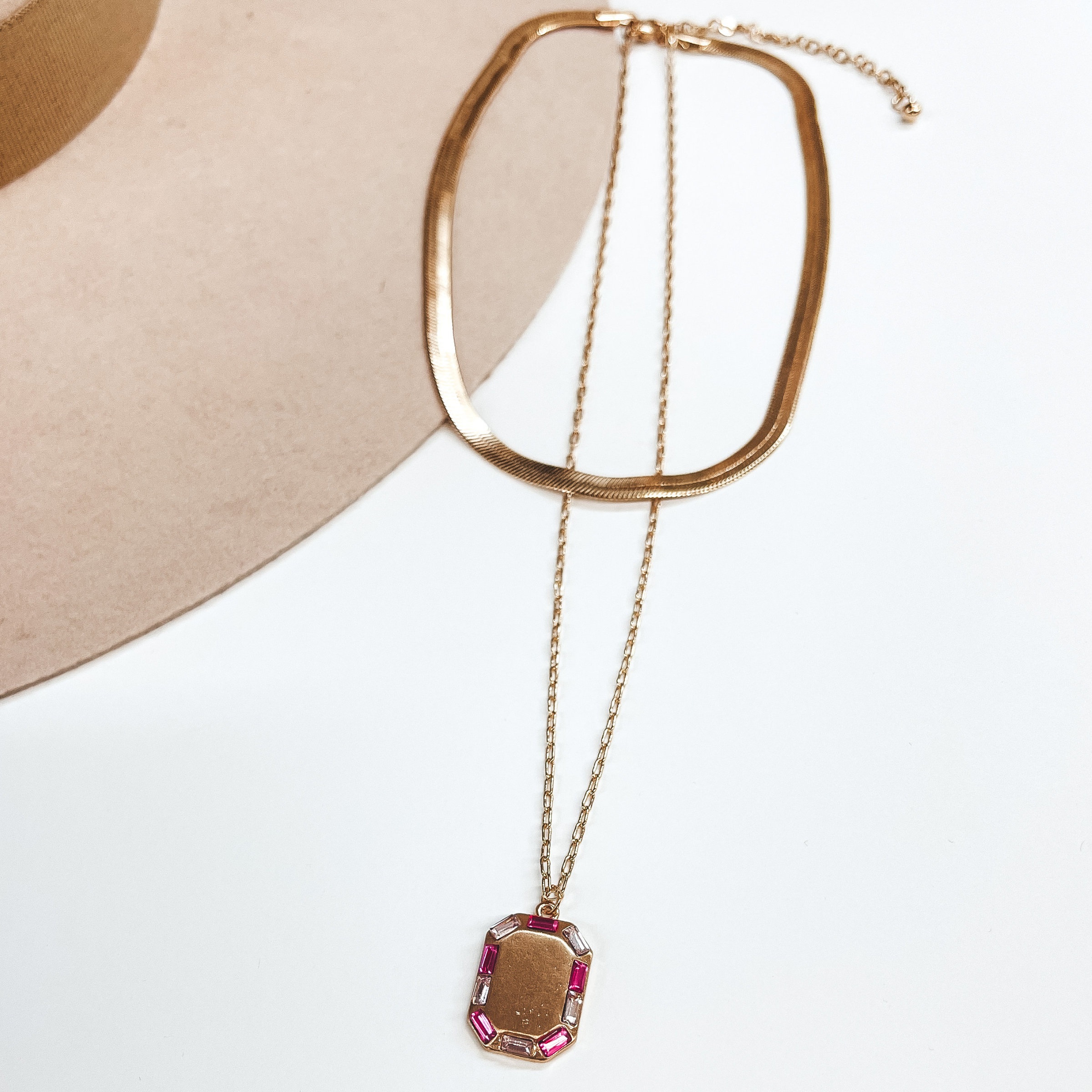 Made For Royalty Herringbone Chain and Gold Tone Necklace with Rectangular Pendant in Pink - Giddy Up Glamour Boutique