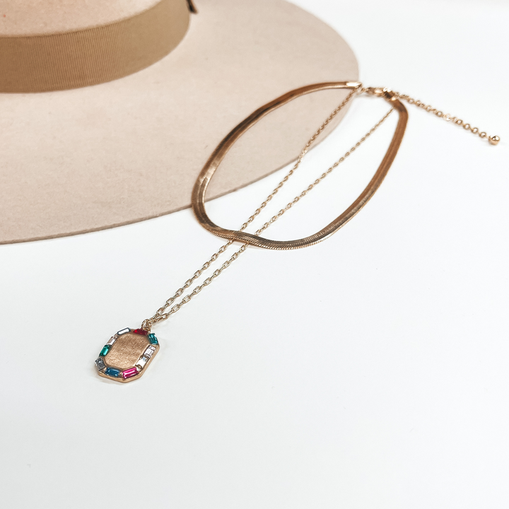 Made For Royalty Herringbone Chain and Gold Tone Necklace with Rectangular Pendant in Multicolor - Giddy Up Glamour Boutique