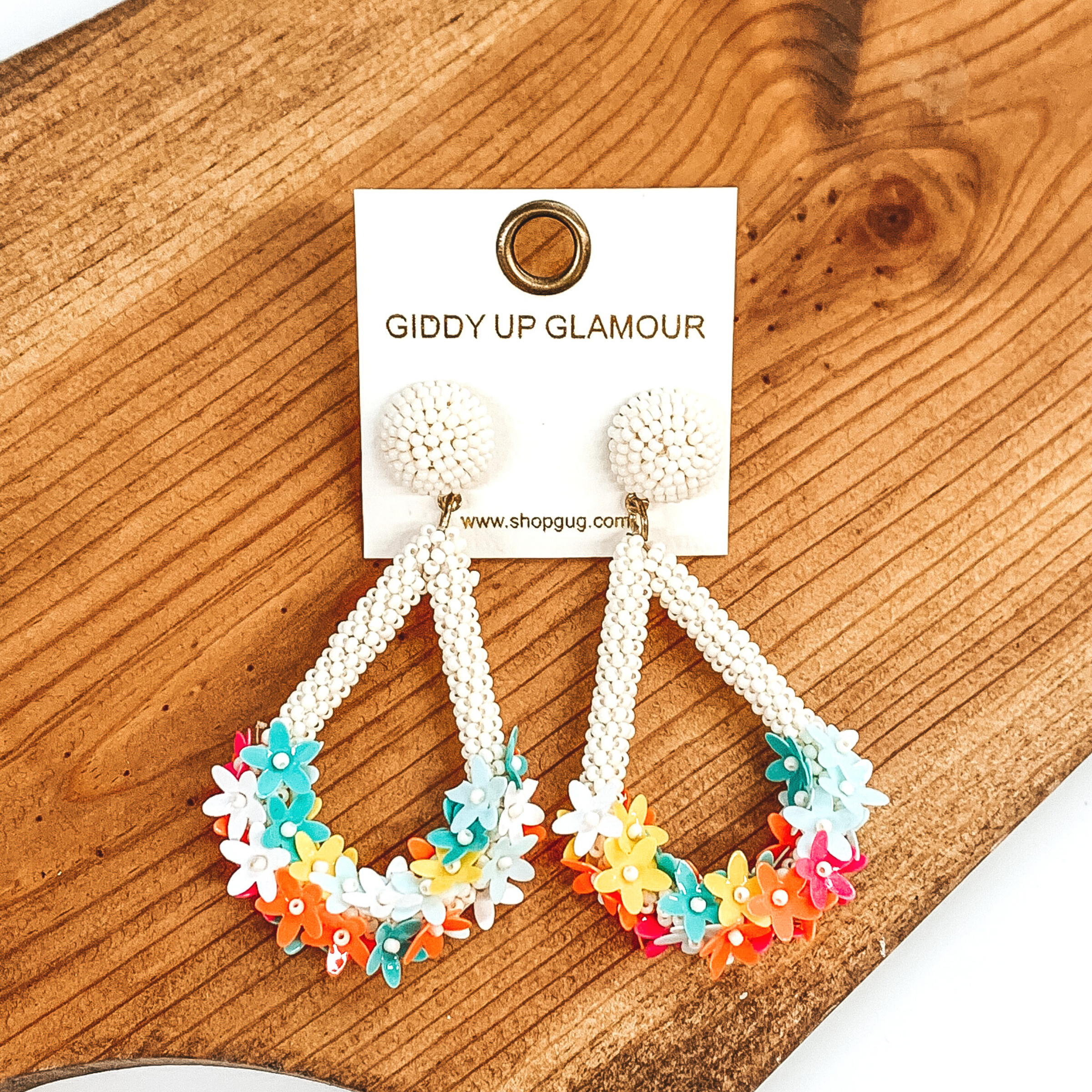 Flower Power Seed Bead Teardrop Earrings with Sequin Flowers in Ivory - Giddy Up Glamour Boutique
