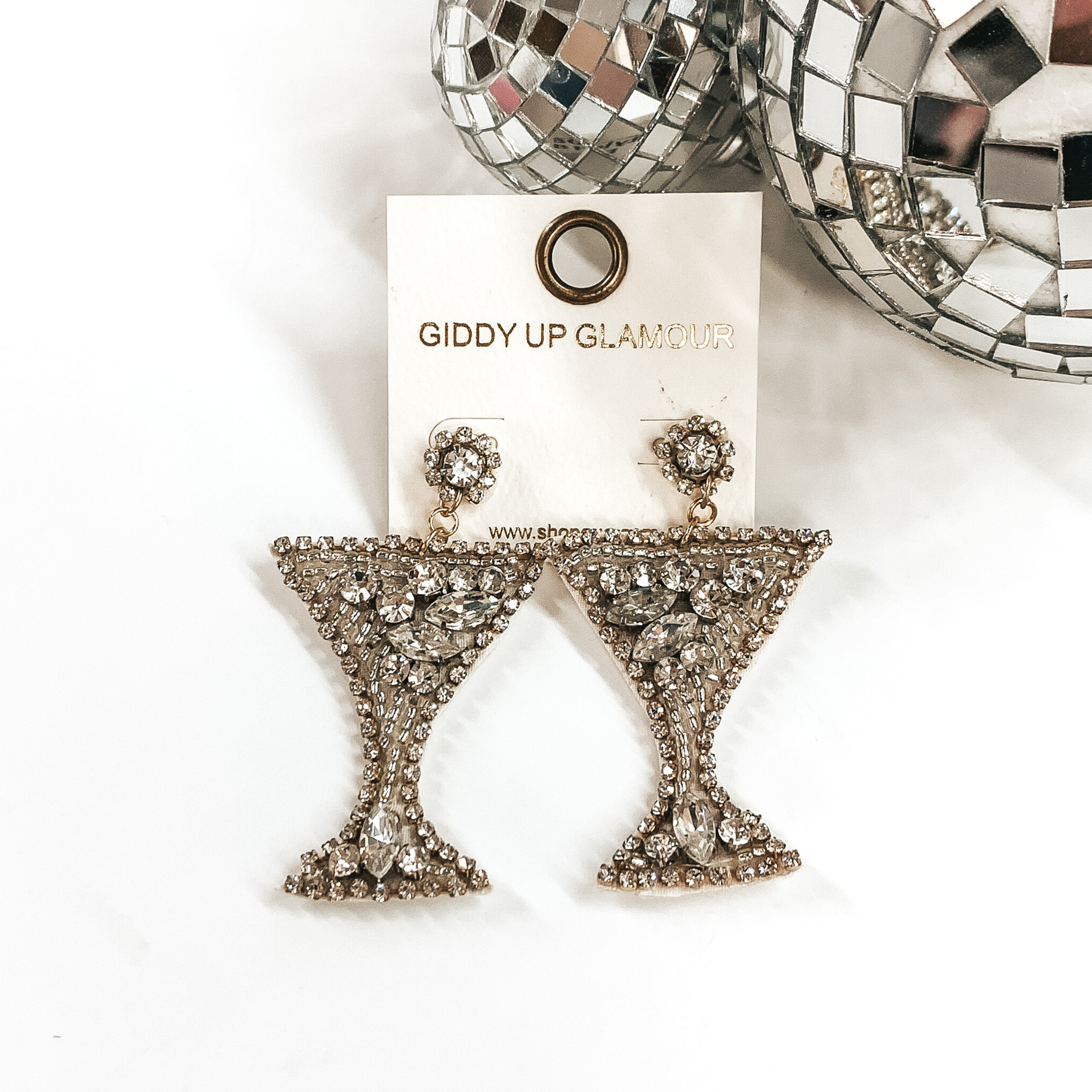 Cocktail Glass Beaded Earrings in Silver - Giddy Up Glamour Boutique