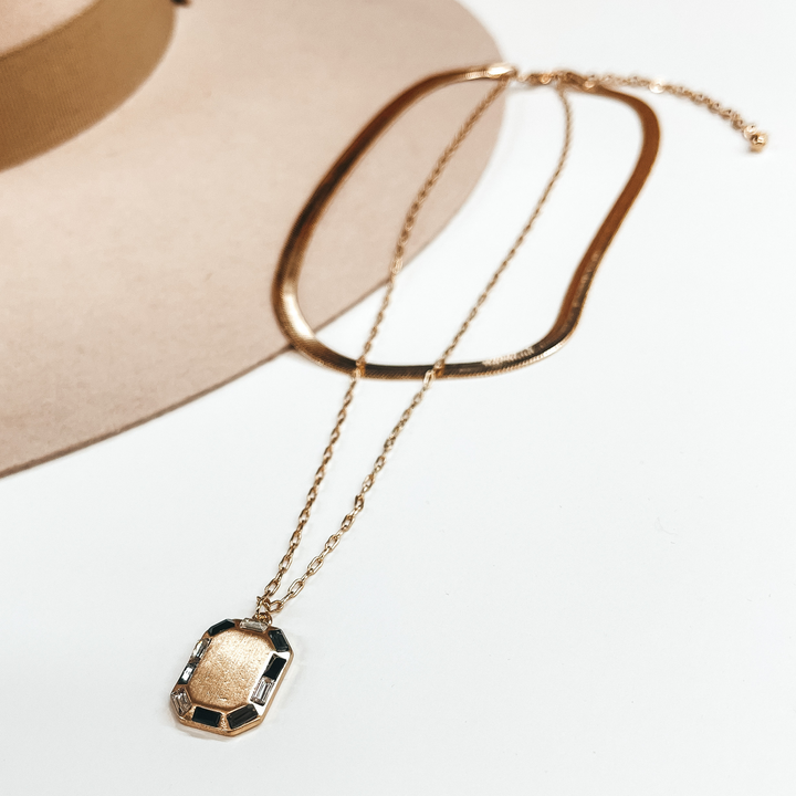 Made For Royalty Herringbone Chain and Gold Tone Necklace with Rectangular Pendant in Black - Giddy Up Glamour Boutique