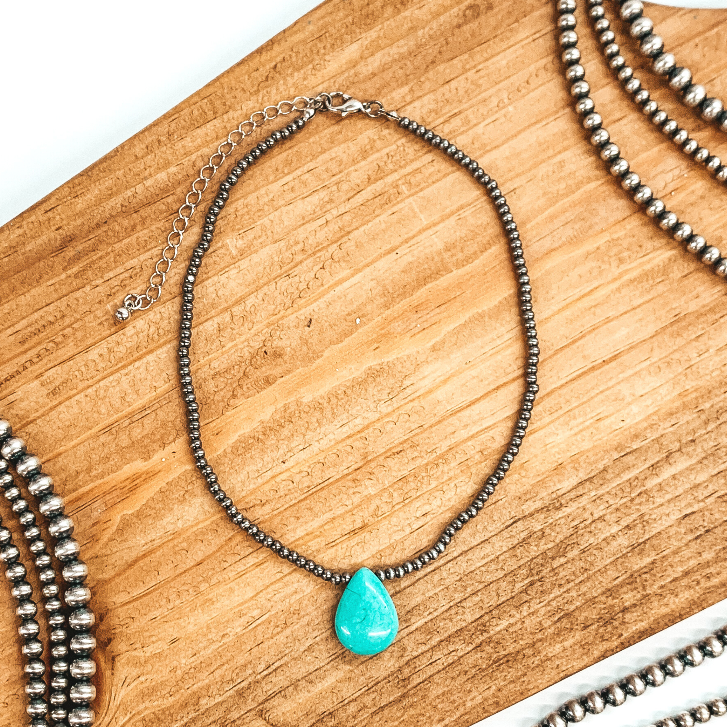 Beaded Choker Necklace With Stone Pendant in Turquoise - Giddy Up Glamour Boutique